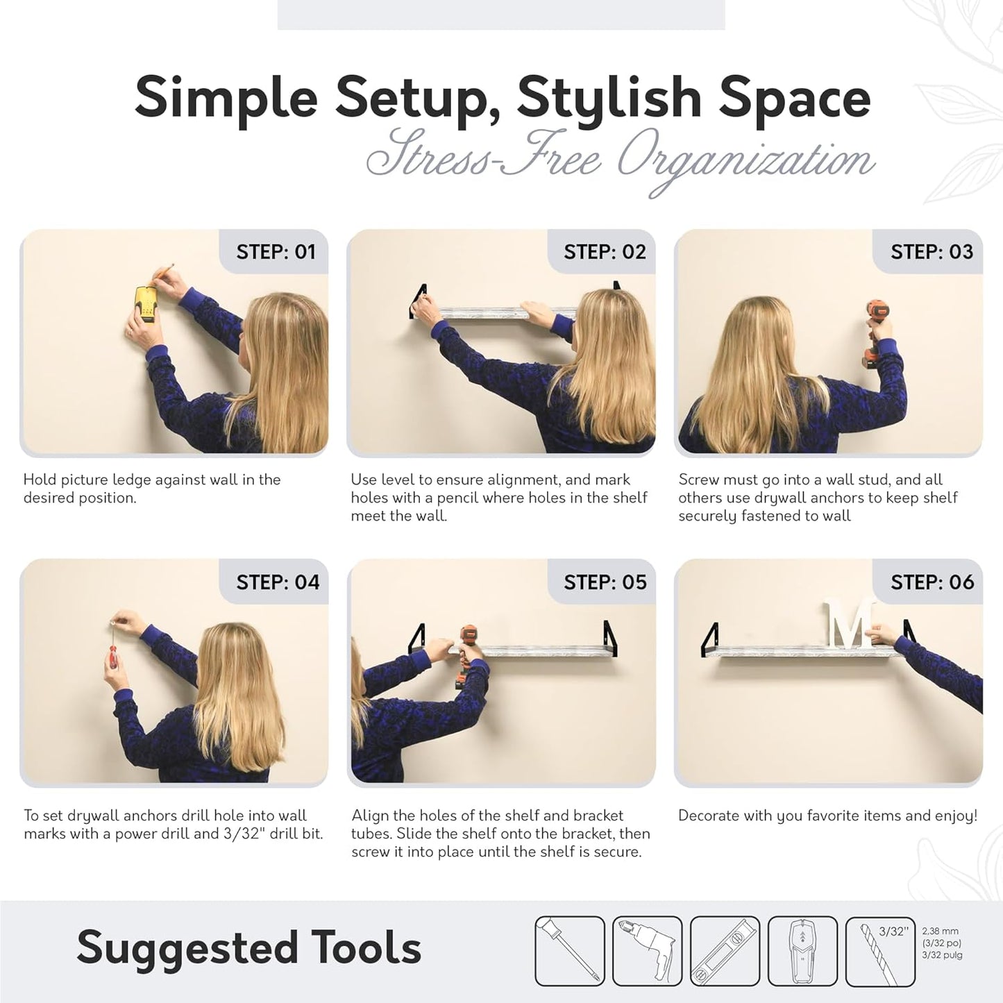 InPlace Wall Mounted Shelf, 36" x5" x 6.1", Rustic Real Wood Bracket Ledge, Distressed White Finish, Heavy-Duty Floating Shelf for Living Room, Bathroom, or Kitchen 9602098E