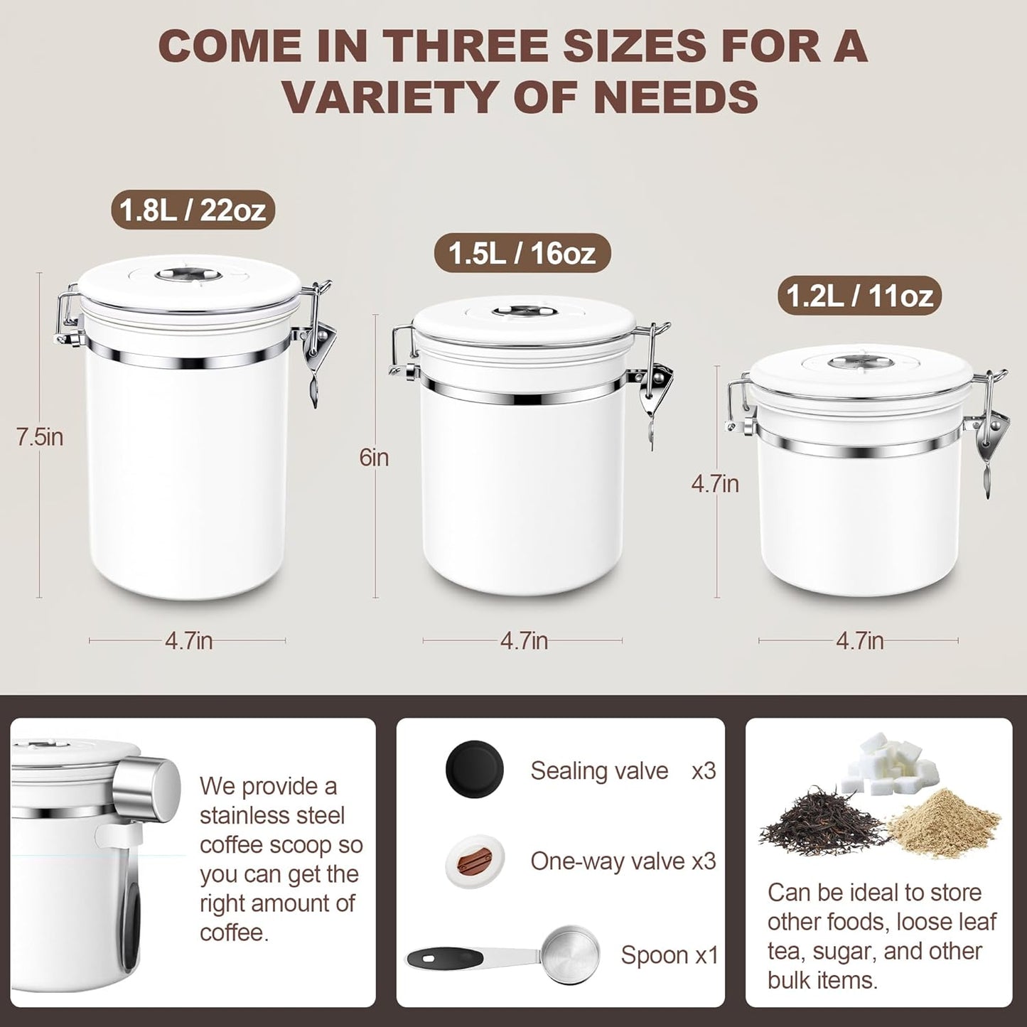 ShanSon Coffee Canister Airtight Coffee Container Stainless Steel Coffee Bean Storage Container with Scoop Coffee Canister for Beans Grounds Sugar Flour Tea Cereal,22OZ, White