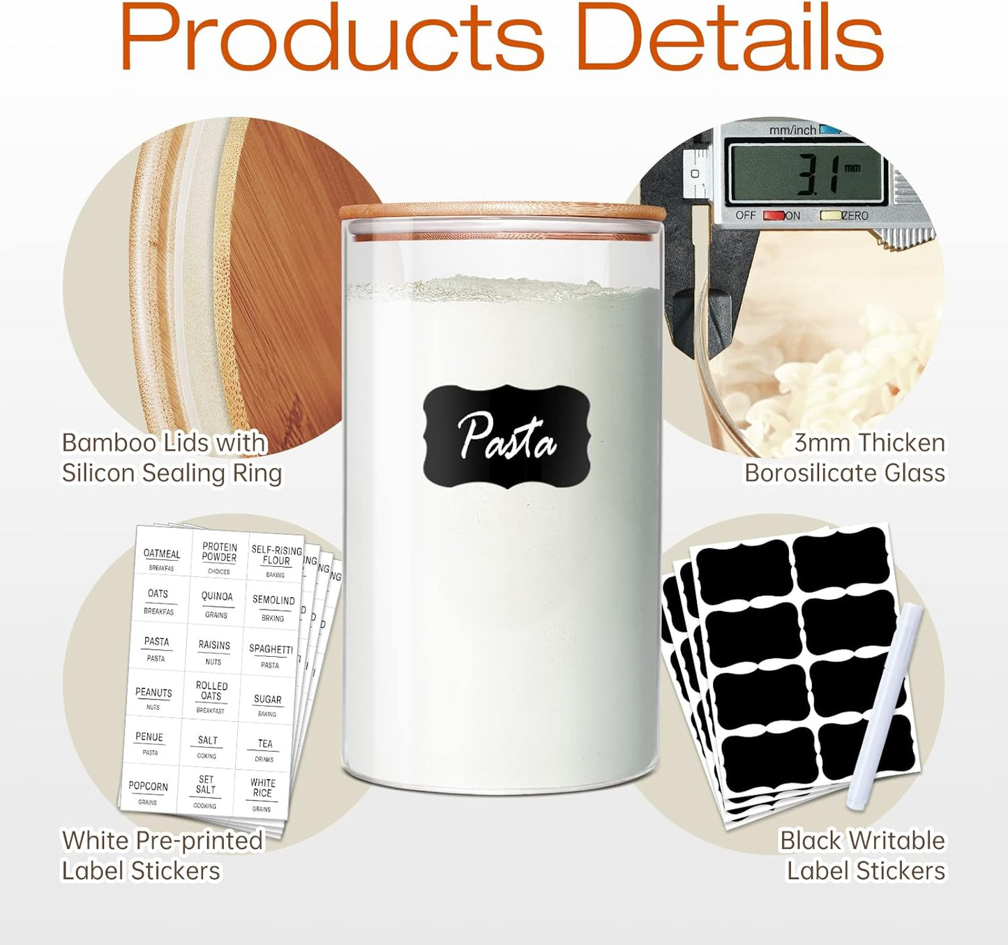 Glass Jars with Bamboo Lids 28 floz [Set of 8], Glass Canisters with Airtight Lids, Glass Food Storage Containers for Pasta, Oats, Coffee, Flour, Sugar, Rice, Best for Kitchen & Pantry