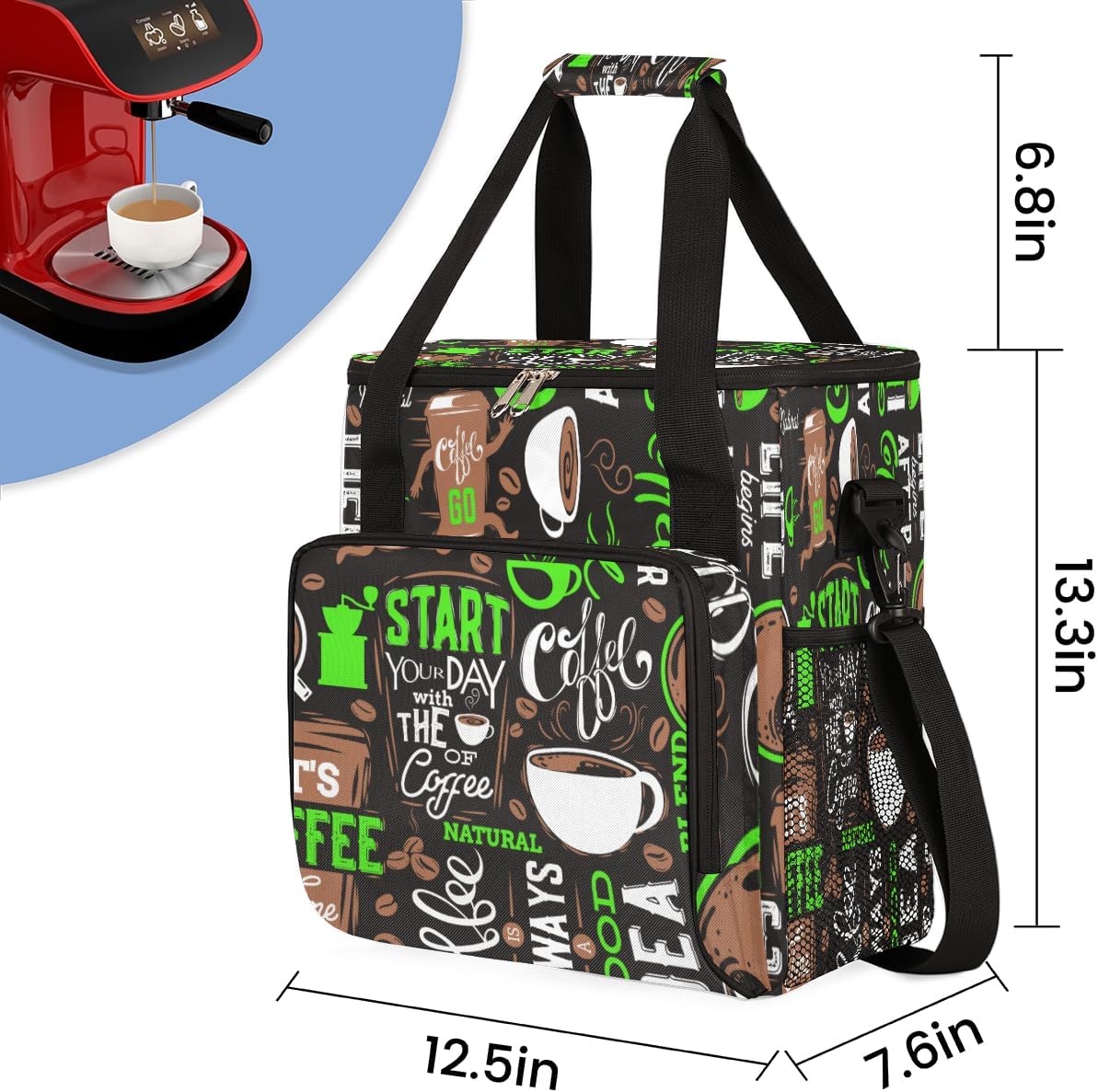 Green Start Your Day Coffee Coffee Maker Carrying Bag, Coffee Machine Travel Storage Bag Compatible with K-Mini or K-Mini Plus, Portable Single Serve Coffee Brewer Case with Pockets for K-Cup Pods