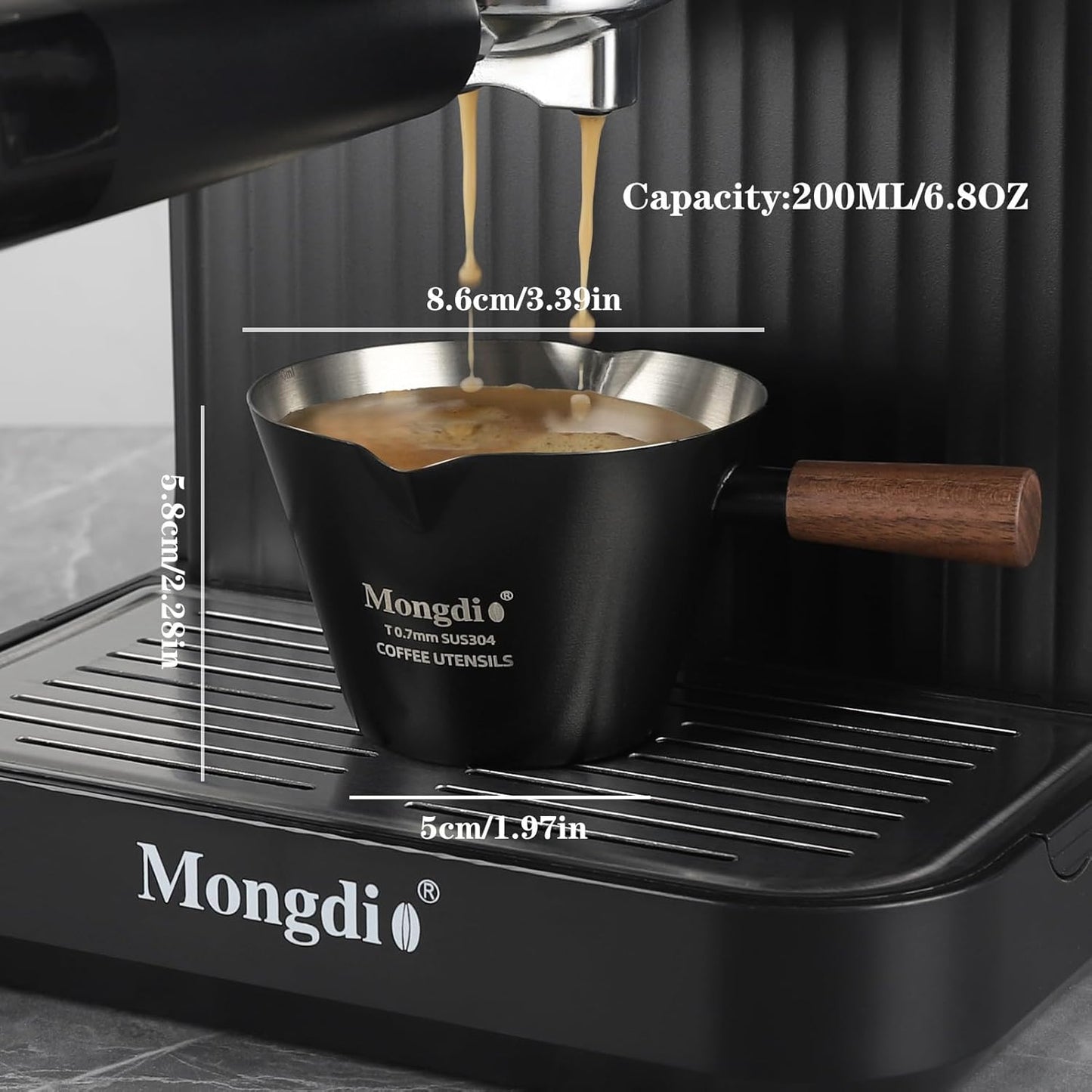 Mongdio Espresso Measuring Cup, Stainless Steel Espresso Shot Cups with Wooden Handle and Double Spouts, 6.8OZ/200ML, Black