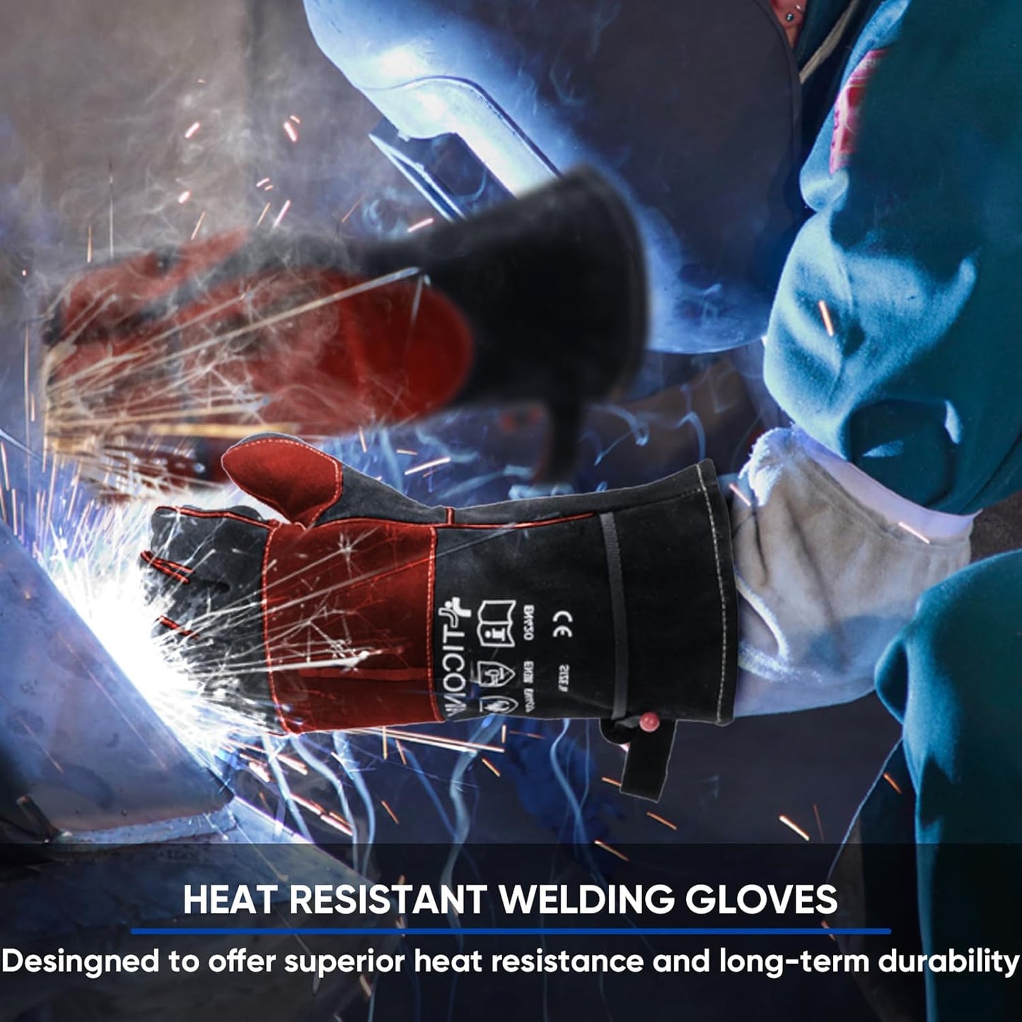 TICONN Welding Gloves, 1000°F Heat-Resistant Fireproof Leather Gloves for Welders, Stick, Forge, Mig, Tig, BBQ, Baking, Oven