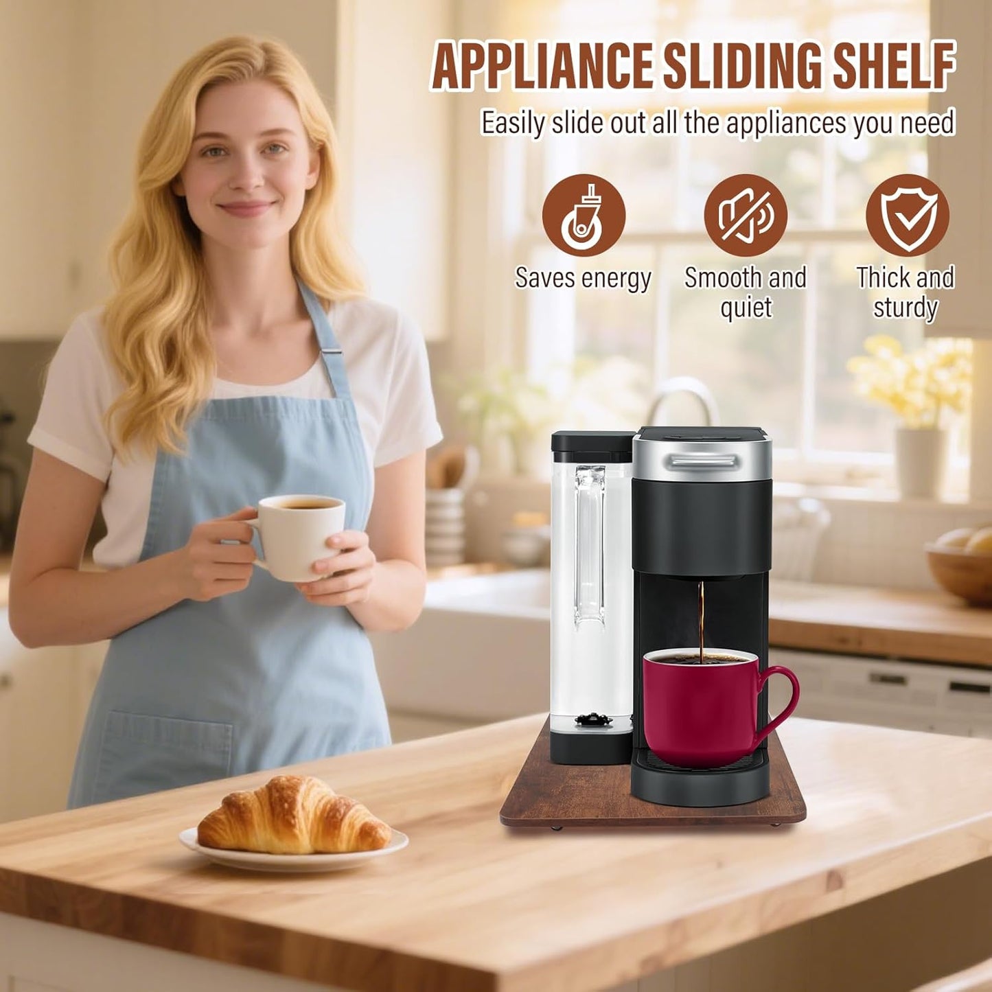 360° Appliance Slider Sliding Tray, Coffee Maker Rolling Tray for Counter Under Cabinet Coffee Pot Mat for Breville Ninja Espresso Machine, Toaster, Air Fryer, Quiet Wheels, Brown (Small 13"×9.4")