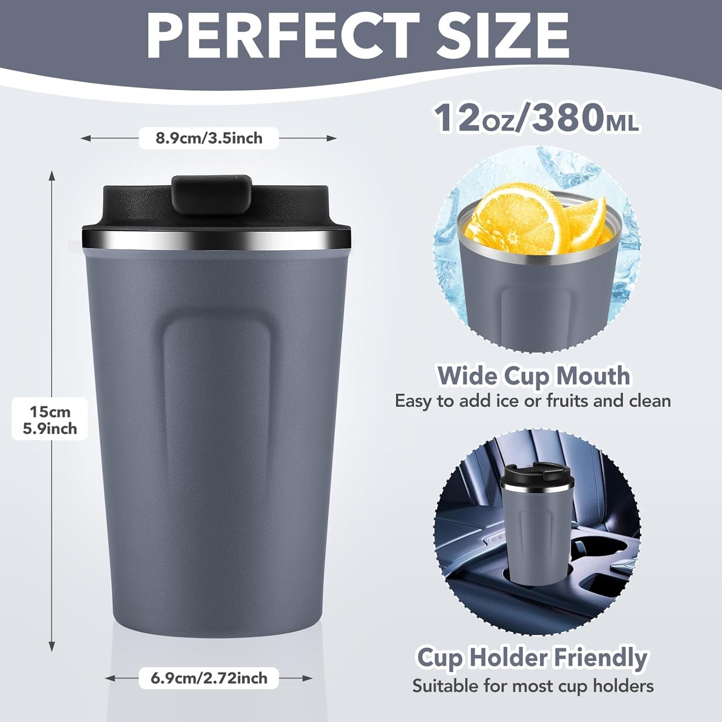 Volhoply 12 oz Double Wall Insulated Vacuum Travel Coffee Mug with Flip Lid Bulk 8 Pack,Reusable Stainless Steel Leak Proof Coffee Cup,Portable Cafe Thermal Tumblers for Hot & Cold Drinks(Gray,8 Set)