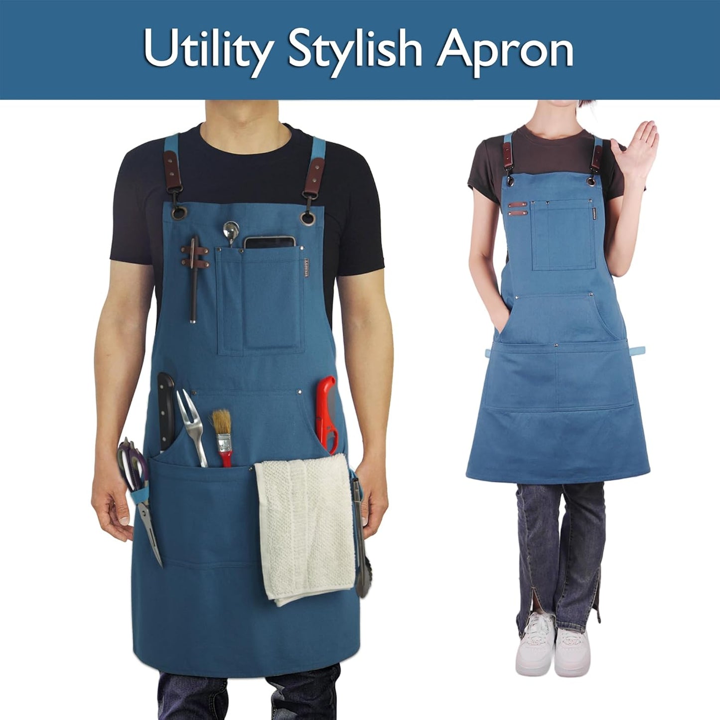 5 Pack Kitchen Apron, Work Apron, Canvas, Multiple Pockets, Gardening, Painting, BBQ, Artist, Carpenter, Sizes M to XXL, Blue