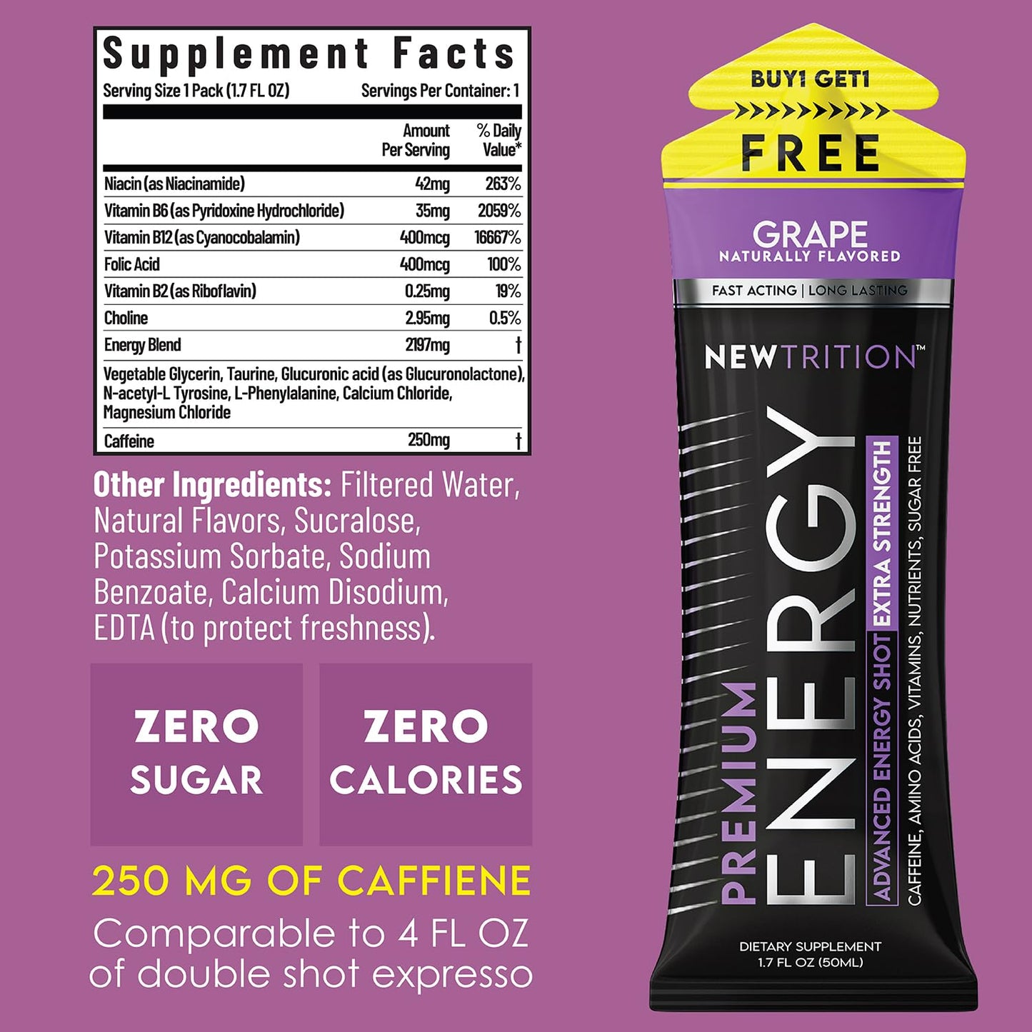 NewTrition® Extra Strength Energy Shots, 250mg Caffeine Energy Shots with Vitamin B & Amino Acids, Sugar-Free Vitamin Energy Shot, 1.7 fl oz (Pack of 12, Grape)