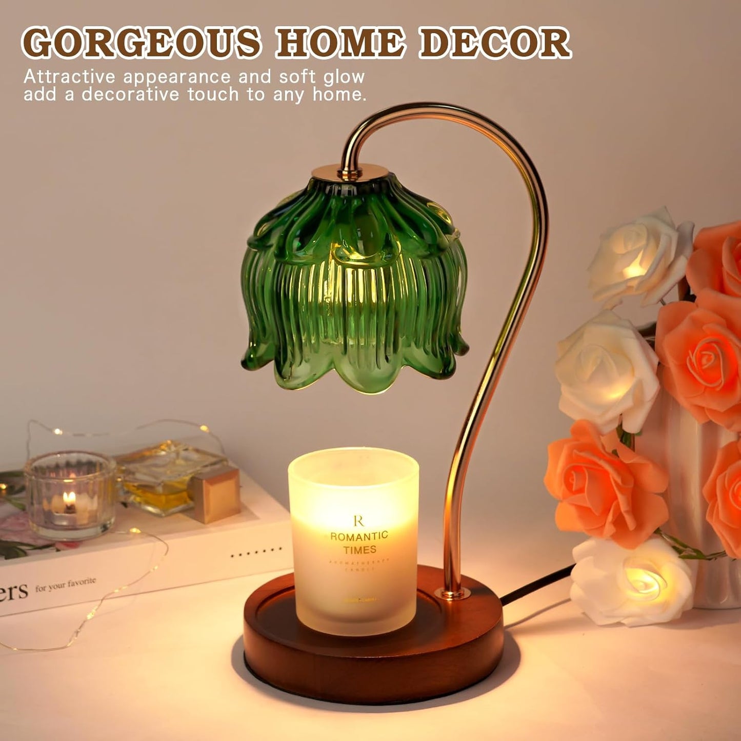 Green Candle Warmer Lamp with Timer, Christmas Gifts, Dimmable Flower Candle Lamp Warmer, Vintage Birthday Gifts for Women, Mom, Female Friend, Aromatic Candle Light for Yankee Candles