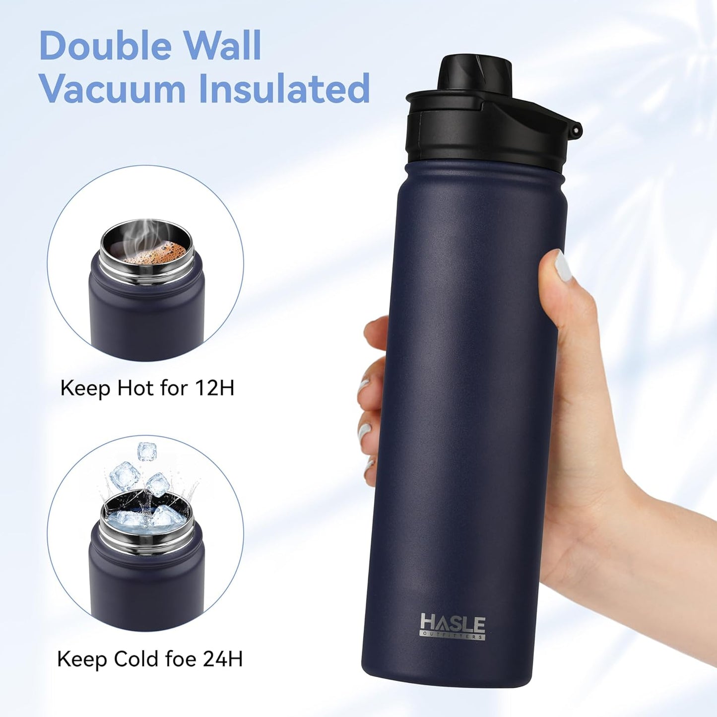 HASLE OUTFITTERS Insulated Water Bottle 22 oz Double Wall Stainless Steel Water Bottle Wide Mouth with Straw Lid & Spout Lid Keeps Cold or Hot(Navy,1)