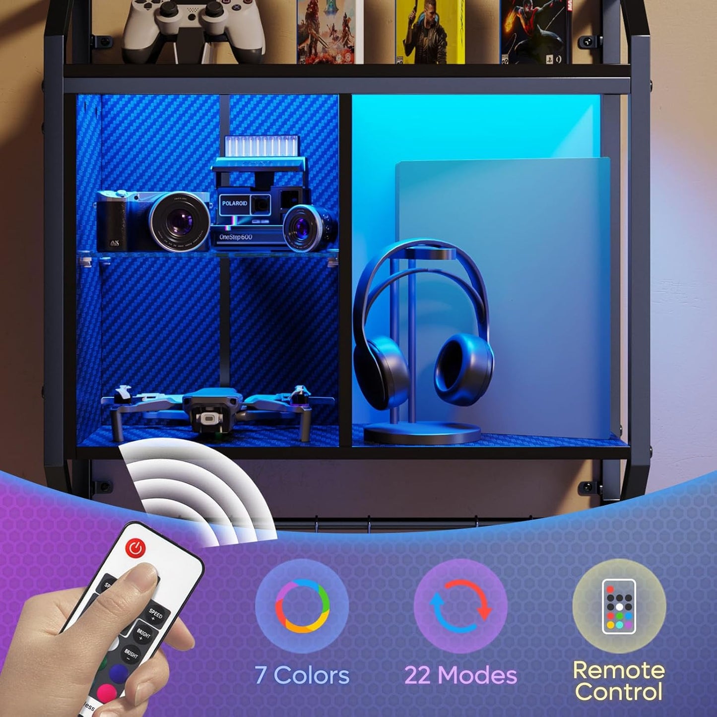 Bestier 25" LED Gaming Floating Shelves for Wall, Wall Mounted Shelf Pipe Adjustable Glass Shelves, Hanging Display Rack with 6 S-Hooks Towel Bar, Gaming Room Decor Shelf, Carbon Fiber Black