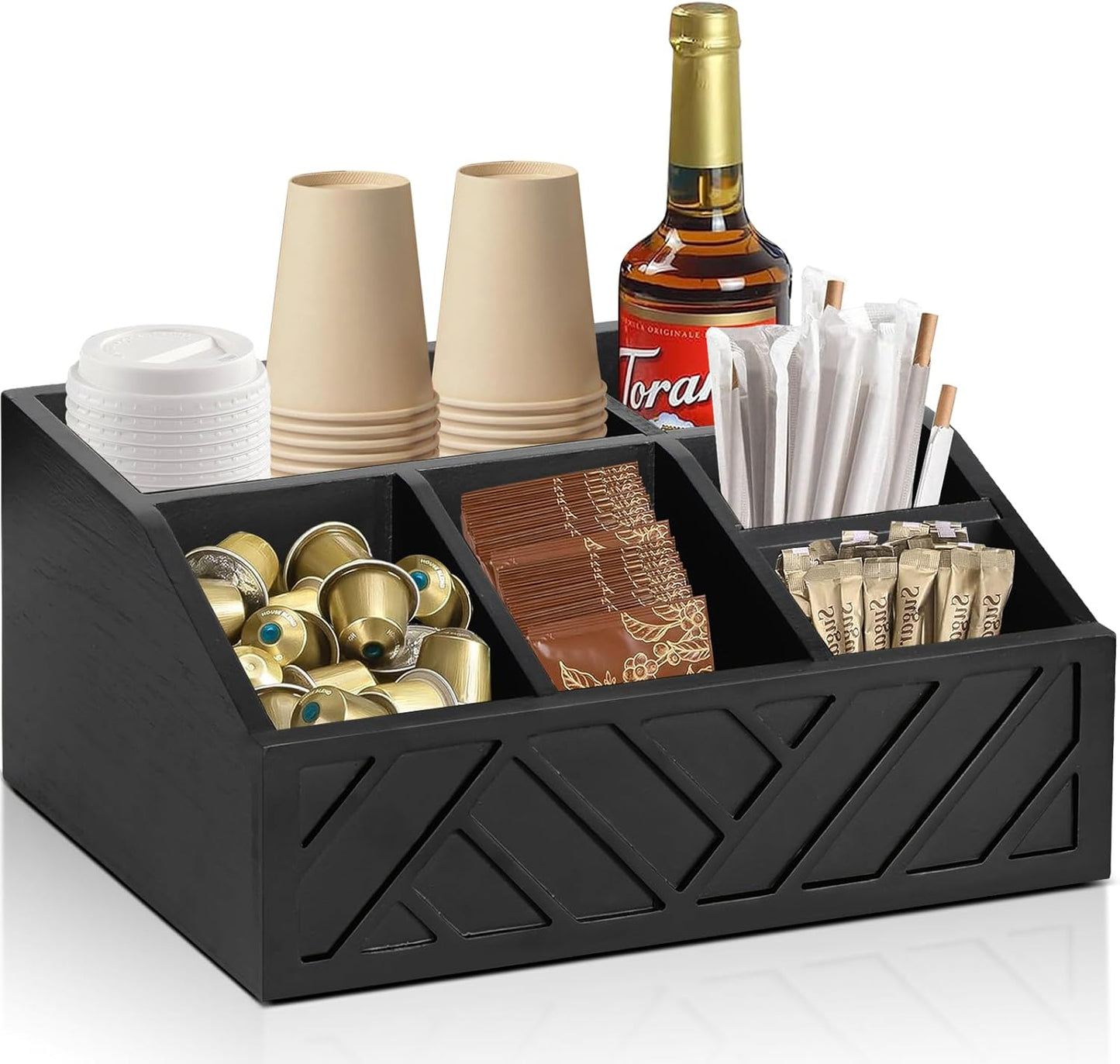 Coffee Pod Holder and Bar Accessories, Wood Station Organizer for Decor, Syrup and Condiment Organizer, Black