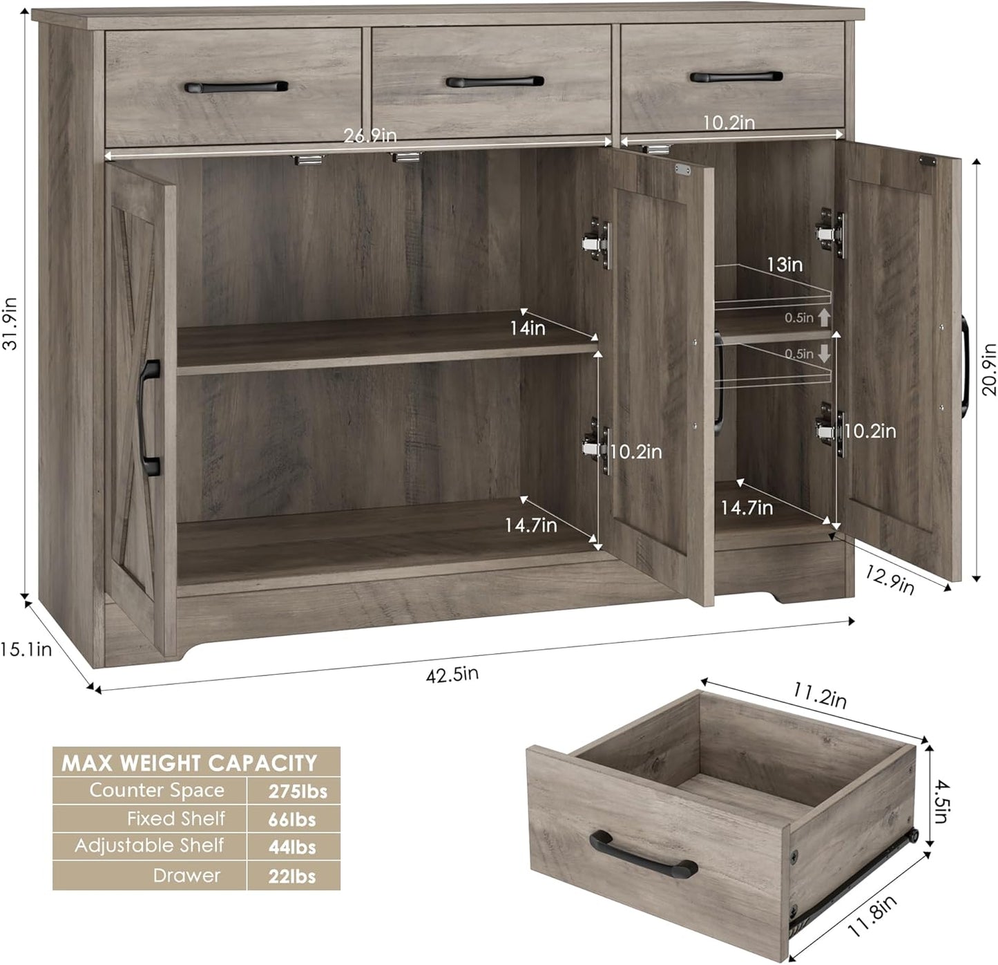 HOSTACK Modern Farmhouse Buffet Sideboard Cabinet, Barn Doors Storage Cabinet with Drawers and Shelves, Wood Coffee Bar with Storage for Dining Room, Kitchen, Living Room, Ash Grey