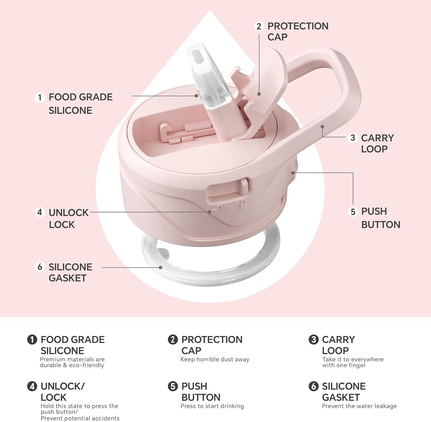 IDEUS Insulated Stainless Steel Water Bottle with 2 Leak-Proof Lids, Thermal Water Flask for Hiking Biking, 32oz, Light Pink