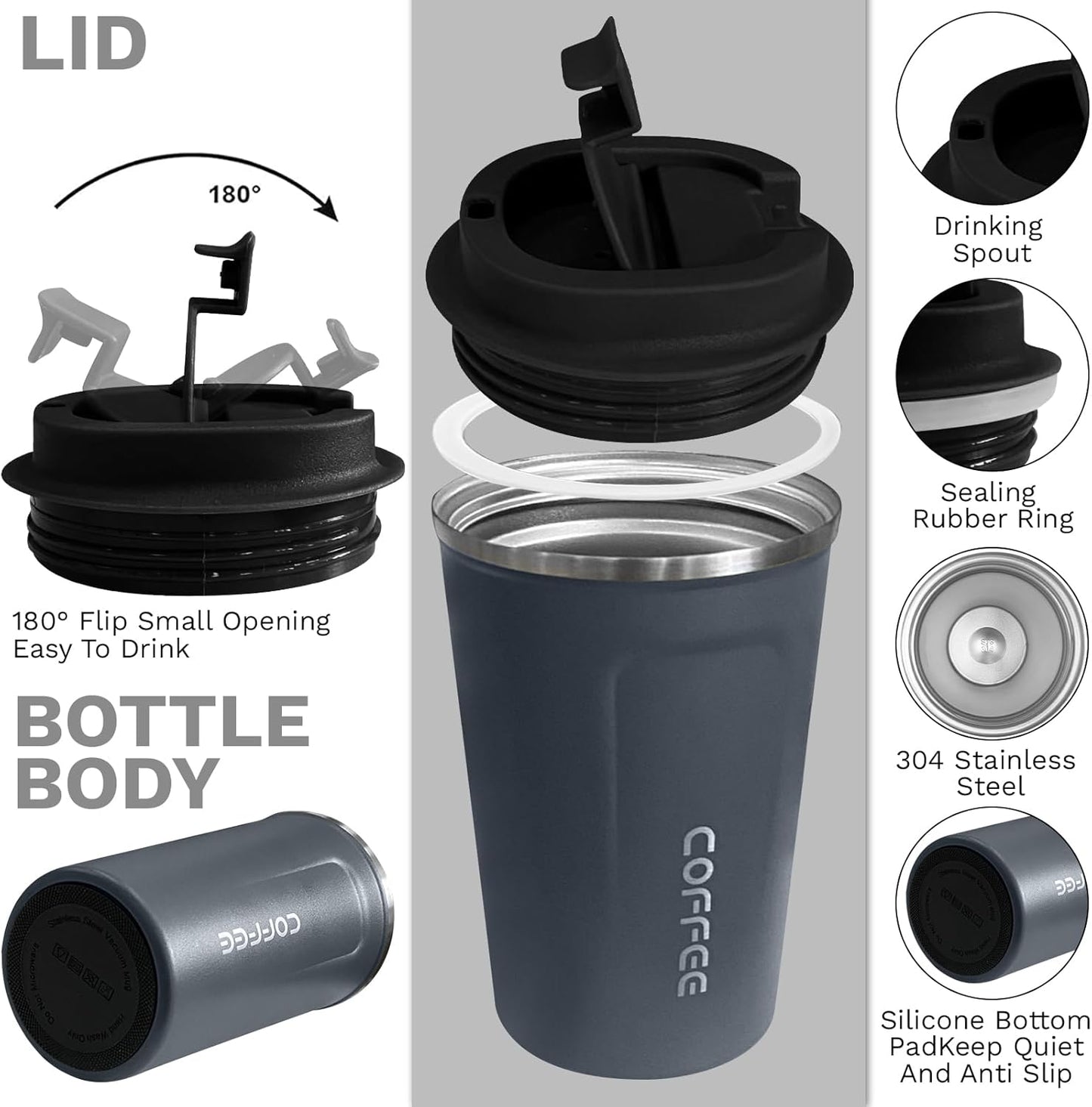 YINBAOGE Insulated Travel Coffee Mug Spill Proof Leak Proof Pobtable To Go Camping Stainless Steel Coffee Tumbler Reusable Coffee Cups with Lids Thermos for Hot and Cold Drink (2nd-Blue, 12 OZ)