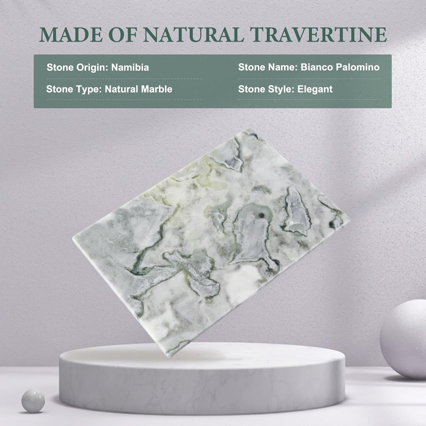Koville Green Marble Cutting Board for Kitchen Countertop, 12" x 8" Real Marble Pastry Board Stone Slab Stone Cheese Boards for Home Decor, Bathroom Perfume Tray Candle Plate(Bianco Palomino)