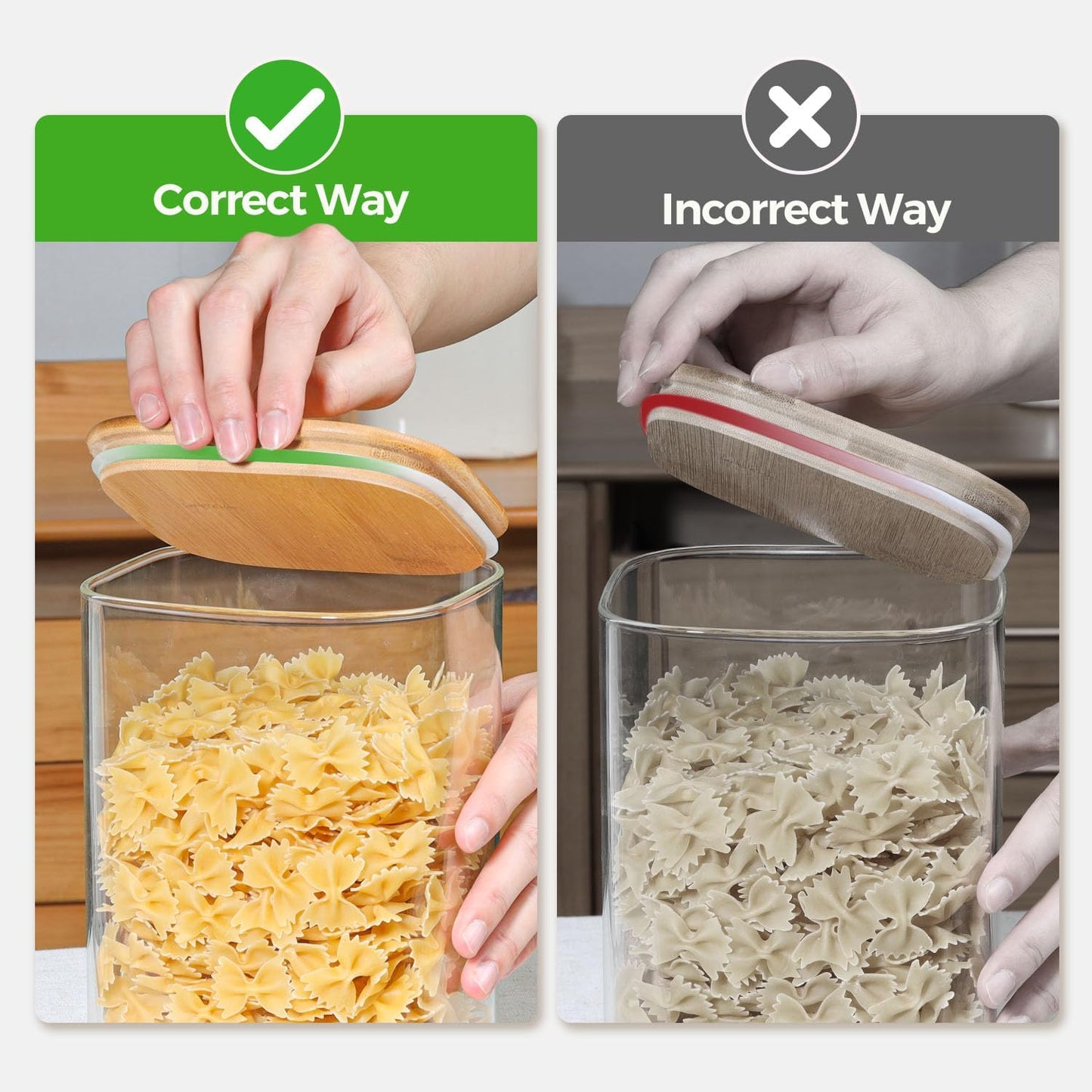 Glass Flour and Sugar Containers, Square Glass Containers with Bamboo Lids, Gallon Jars with Bamboo Lids for Cookies, Coffee Beans （2 pack 1.6/4.6 qt）