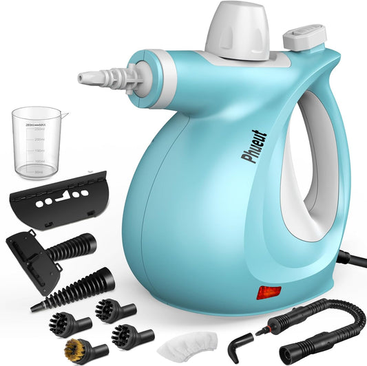 Pressurized Handheld Multi-Surface Natural Steam Cleaner with 12 pcs Accessories, Multi-Purpose Steamer for Home Use, Steamer for Cleaning Floor, Upholstery, Grout and Car (Blue)