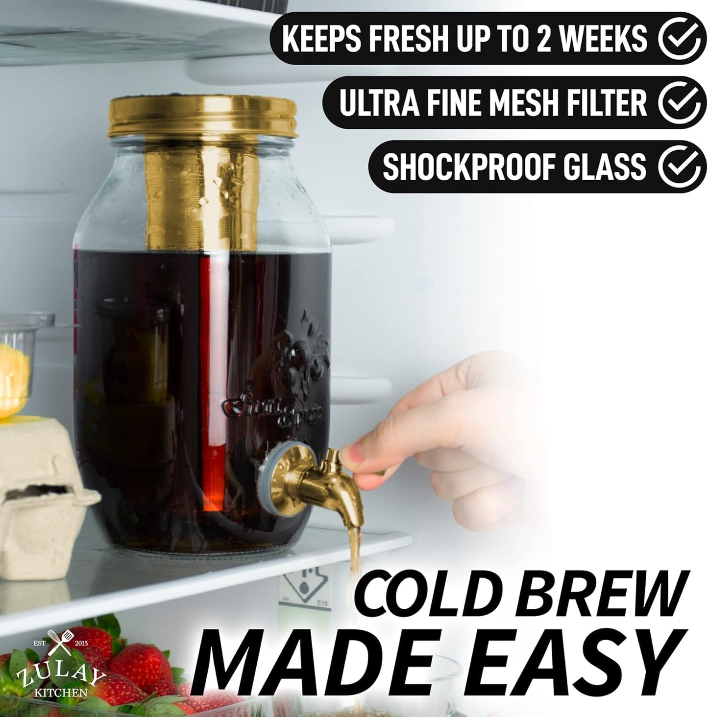 Zulay Kitchen 1.5 Liter Cold Brew Coffee Maker with EXTRA-THICK Glass Carafe & Stainless Steel Mesh Filter - Premium Iced Coffee Maker, Cold Brew Pitcher & Tea Infuser (Gold)