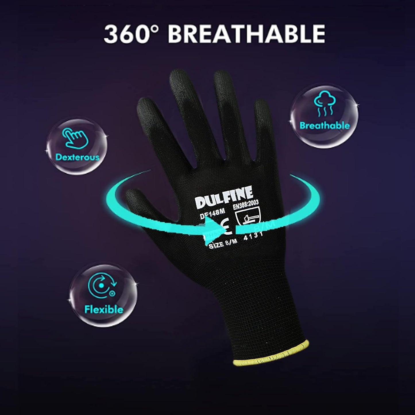 DULFINE Ultra-Thin PU Coated Work Gloves-60 Pairs,Excellent Grip,Nylon Shell Black Polyurethane Coated Safety Work Gloves, Knit Wrist Cuff,Ideal for Light Duty Work. (XX-Large)