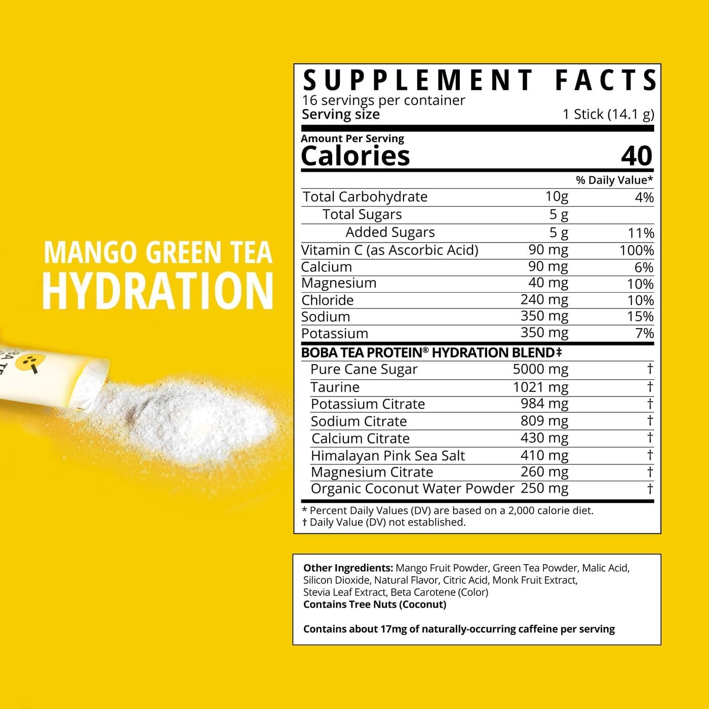 Boba Tea Hydration | Electrolyte Powder Drink Mix | Mango Green Tea | 1000mg Electrolytes, Vitamin C | 16 Stick Packets