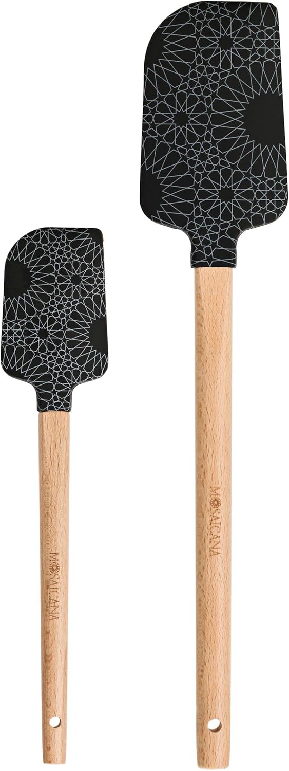 Silicone Spatula set of 2 with wooden handle and stunning pattern (Black)