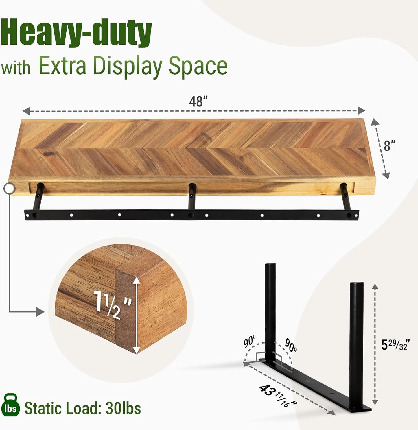 48" Rustic Farmhouse Floating Shelves – Set of 2 Acacia Wood Shelves for Stylish Wall Decor in Kitchen, Bathroom, and Office, Unique Chevron Pattern, 48x8x1.5 Inches - Set of 2 - DIY