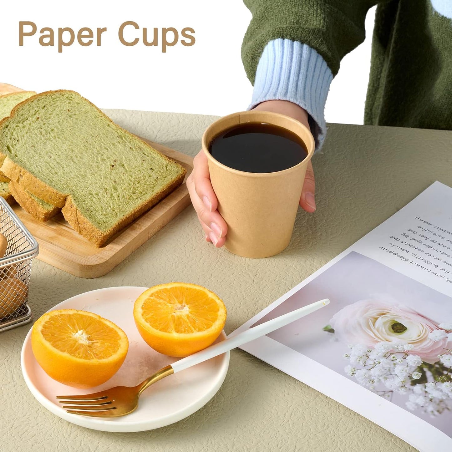 LITOPAK 100 Pack 10 oz Kraft Paper Coffee Cups for Water, Juice, and Tea, Disposable Hot Coffee Cups for Home, Restaurant, Store, and Cafe