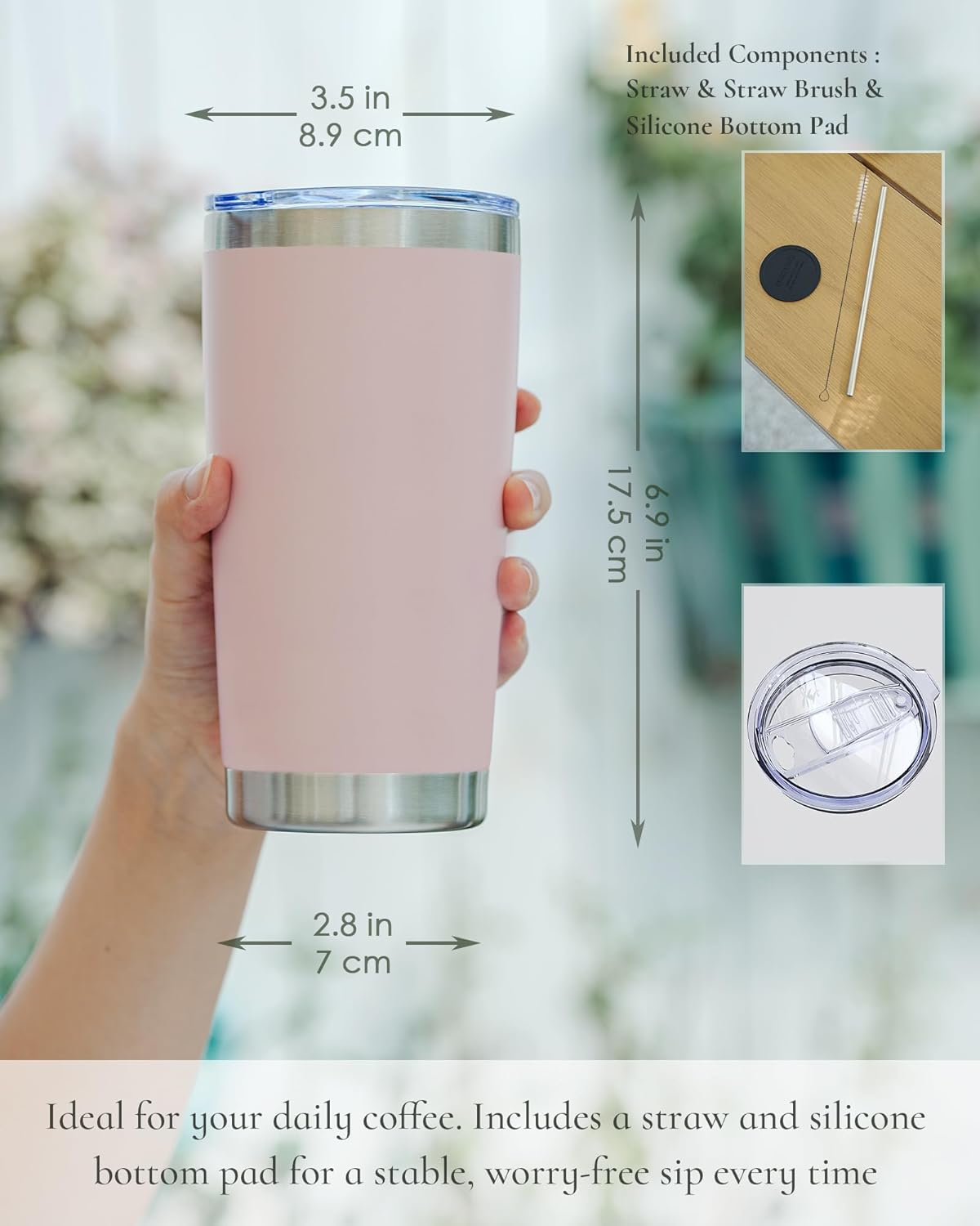 Travel Coffee Tumbler 20oz, 4 Pack Leakproof Travel Coffee Mug with Lid and Straw, Stainless Steel Double Wall Vacuum Insulated Tumbler for Hot/Iced Drinks (Textured Matte, Soft Pink)