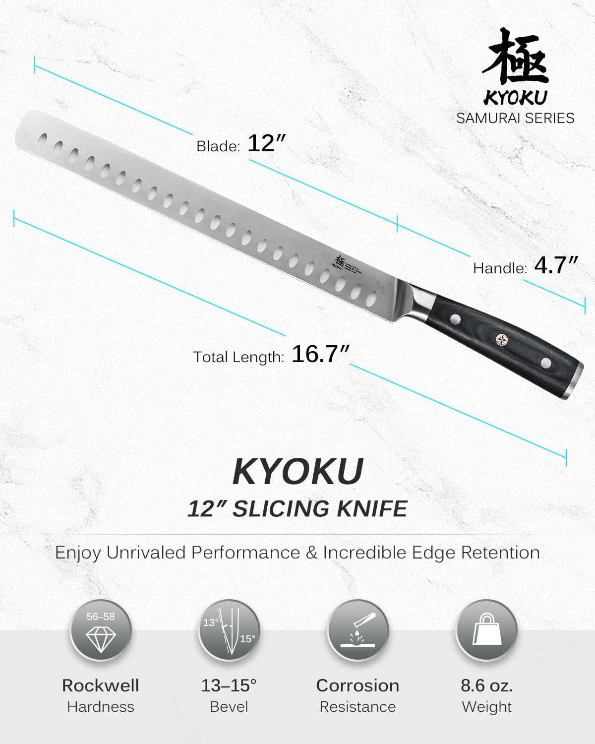 KYOKU 12" Slicing Knife, Samurai Series Brisket Knife for Meat Cutting with Pakkawood Handle, Japanese High Carbon Steel Meat Carving Knife for BBQ Brisket Turkey Ham Rib Roast Beef with Sheath & Case