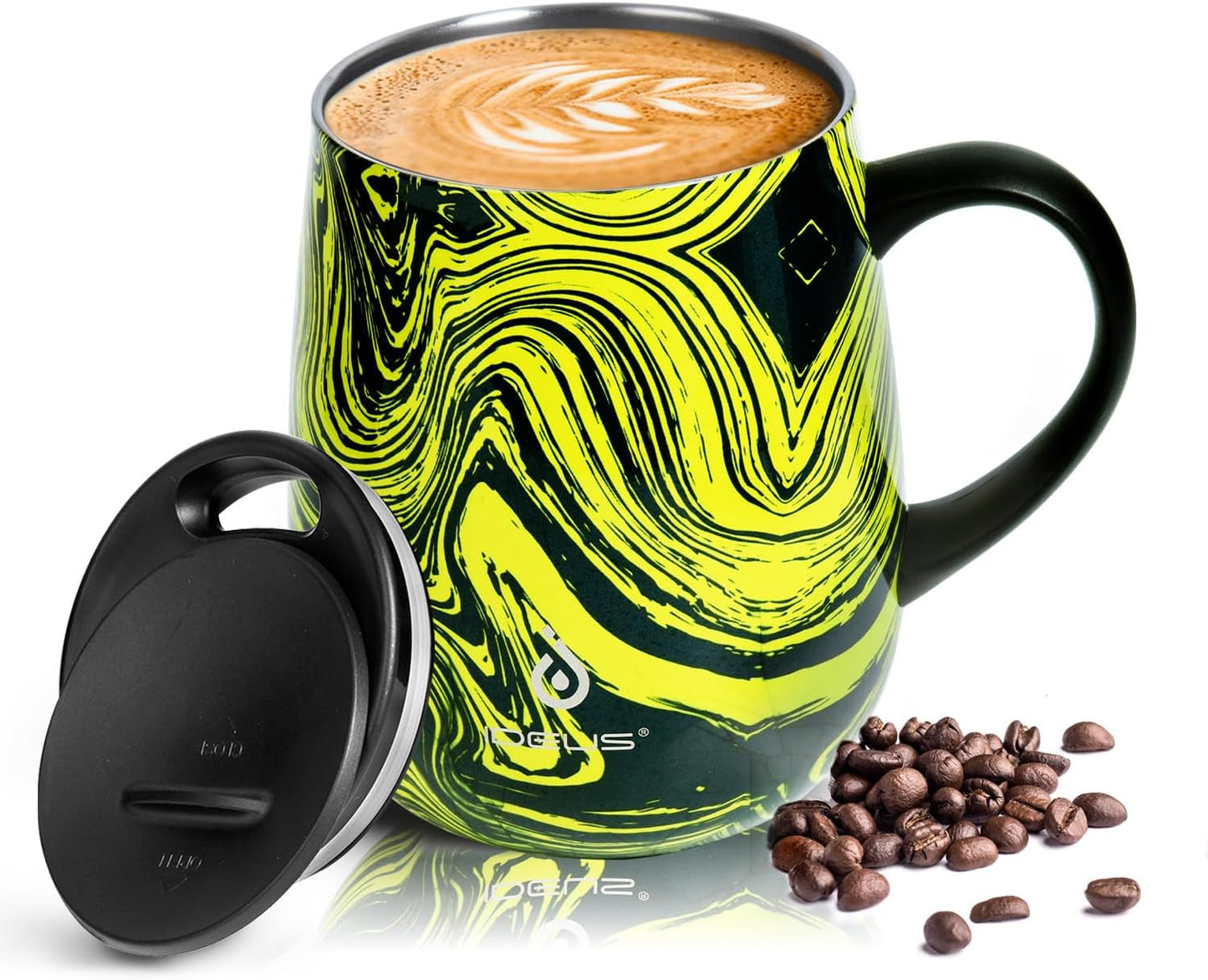 Ideus 16 oz (470 ml) Insulated Coffee Mug with Handle and Lid, Double Wall Stainless Steel Vacuum Thermal Coffee Mug, Travel Coffee Cup Thermal Cup for Home and Office (Yellow Zebra)