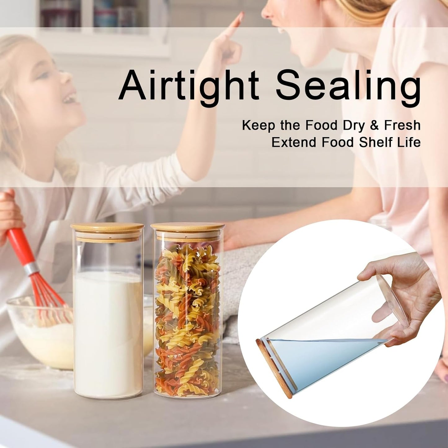 umieo Large Glass Flour and Sugar Containers 50oz Set of 2, Glass Jar with Airtight Lids, Clear Storage Containers with Bamboo Lids for Rice, Oat, Nuts, Candy, Cereal, Coffee, Beans