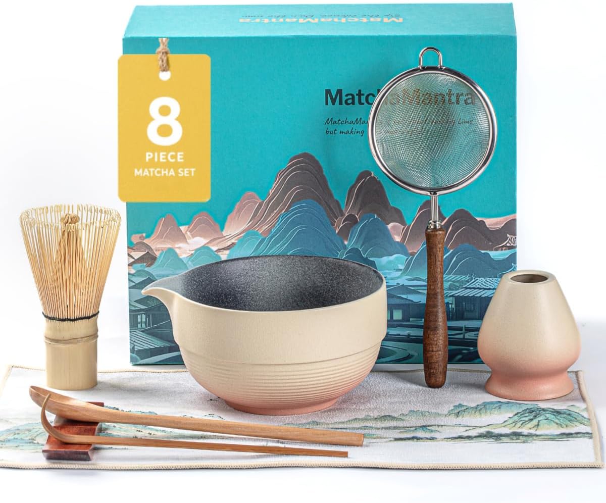Artisan Matcha Whisk Set - 8 Pcs Premium Matcha Set with Bowl (Chawan), Bamboo Whisk & Tools | Matcha Kit for Making Breakfast/Latte | Gift for Matcha Lovers (Sunset Yellow)