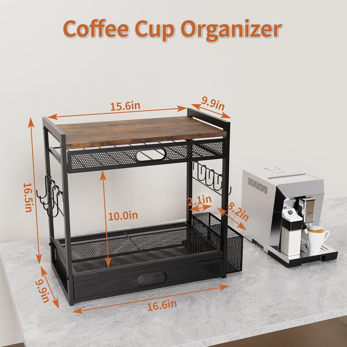 Coffee Bar Organizer Station with CoffeePod Drawer Mug Cup Holder and Tea Condiment Storage Kitchen Countertop Organizer CoffeeBar Accessories for Kitchen,Home,Office