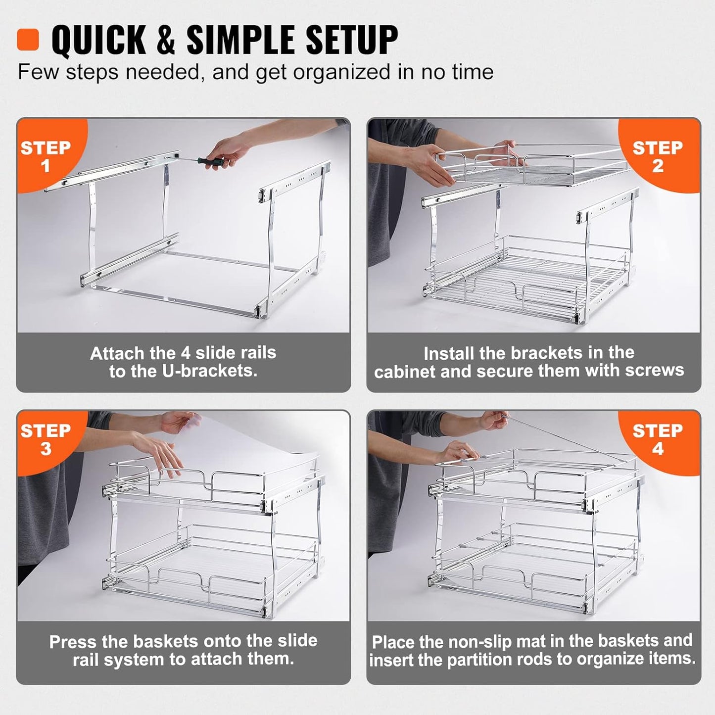 VEVOR Pull Out Cabinet Organizer, 17"Wx21"D 2 Tier Heavy Duty Slide Out Pantry Shelves, Chrome-Plated Steel Roll Out Drawers, Sliding Drawer Storage, 18.5"Wx22"D Install Size for Cabinet