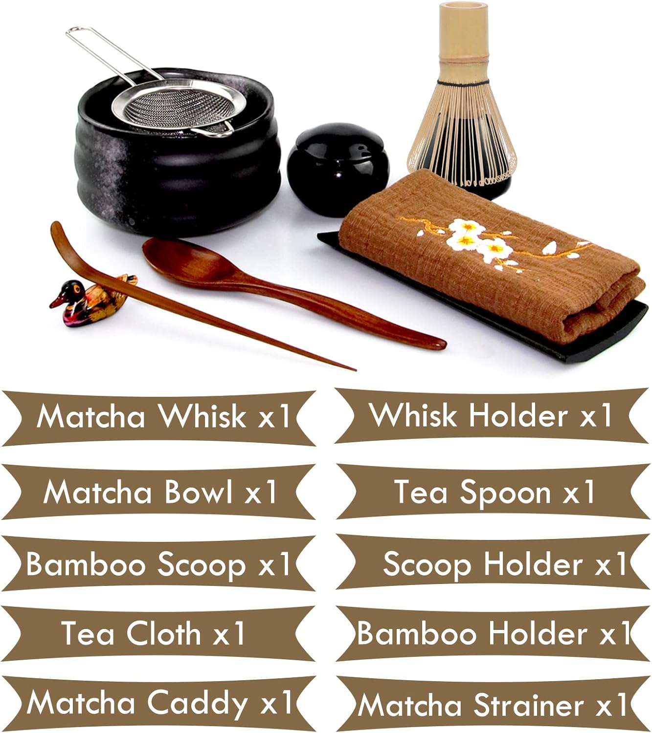 Artcome 10Pcs Japanese Matcha Tea Set, Matcha Bowl, Matcha Whisk, Whisk Holder, Traditional Scoop, Tea Spoon, Tea Cloth, Bamboo Holder, Scoop Holder, Matcha Powder Caddy, Matcha Powder Strainer(Black)