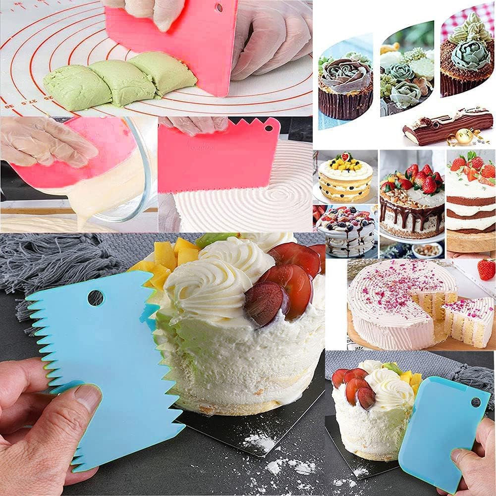 Cake Scraper Cake Decorating Comb,Cake Scraper Smoother,Flexible Plastic Dough Scraper For Bread Making,Reusable Pastry Pizza Dough Cutter Tool For Baking Cake Edge Stripe Decorating(6Pcs,Red,Pink)