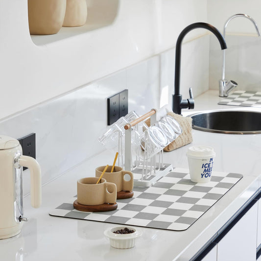 Checkered Dish Drying Mat for Kitchen Counter, Coffee Bar Station Accessories, Retro Cute Aesthetic Modern Absorbent Drainer Mat Kitchen Drying Mat Easy Clean, Grey 12" x 19"