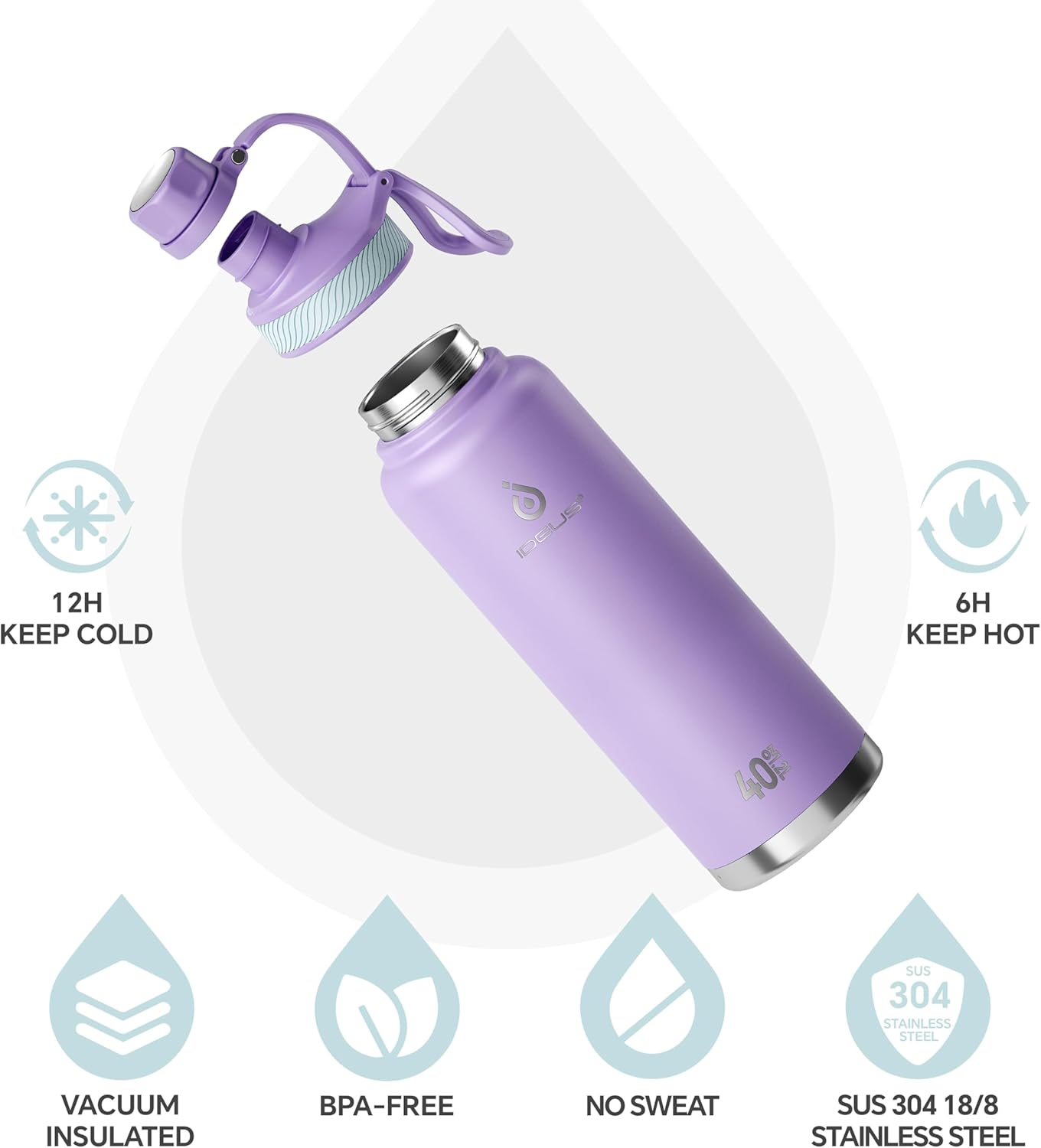 IDEUS Insulated Stainless Steel Water Bottle with 2 Leak-Proof Lids, Thermal Water Flask for Hiking Biking, 40oz, Violet