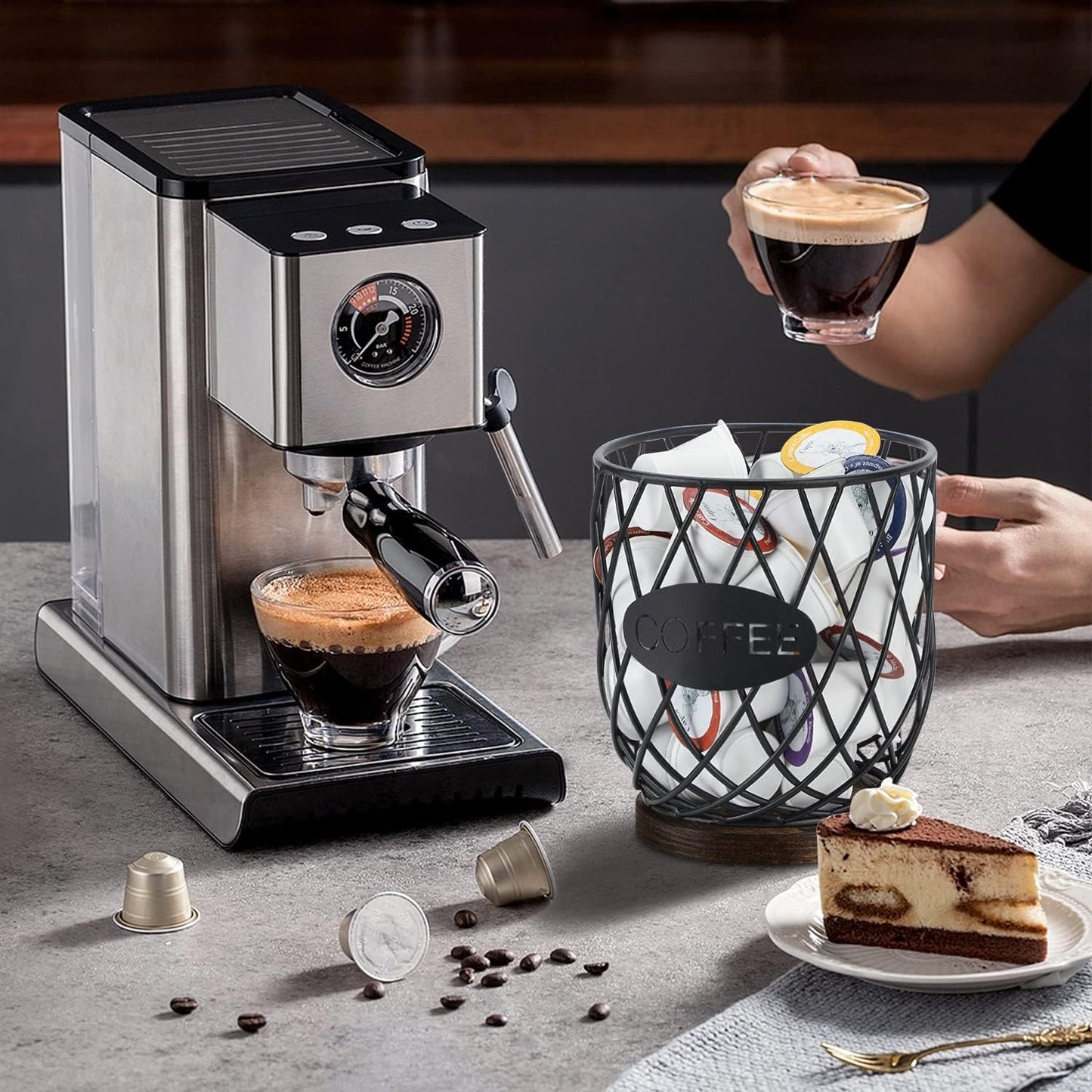 YINMIT K Cup Holder Organizer, Sturdy Coffee Pod Holder Organizer, 35 Kcup Large Capacity Storage Basket for Kitchen Counter and Office Desktop (Circular Grid)