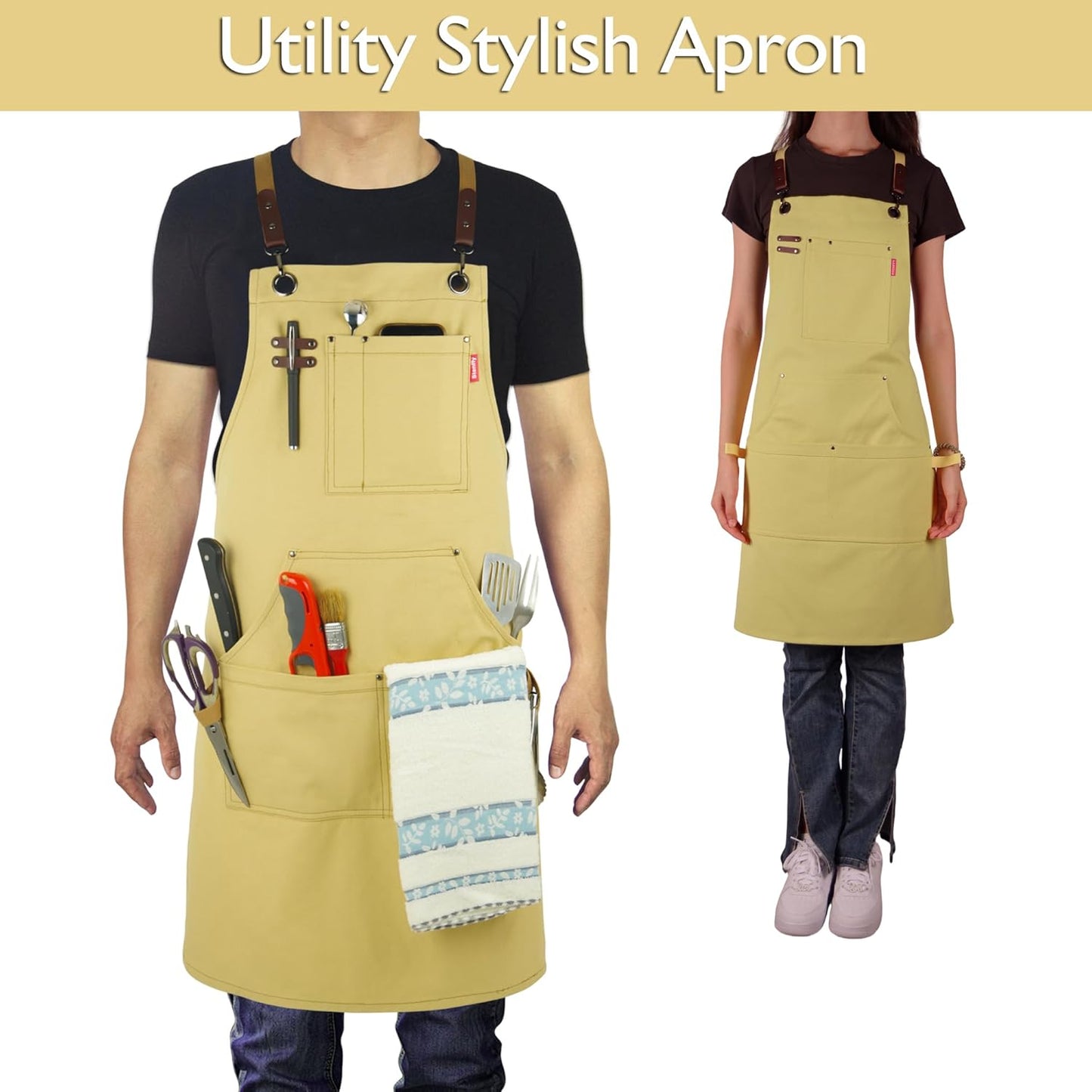 Kitchen Apron, Work Apron, Canvas, Multiple Pockets, Gardening, Painting, BBQ, Artist, Carpenter, Sizes M to XXL, Amber