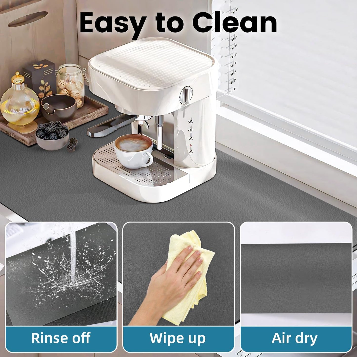 PoYang 31"x17" Coffee Mat X-Large, Coffee Bar Accessories for Countertop, Absorbent Dish Drying Mat, Anti-Slip and Hide Stain Pad for Espresso Machine, Espresso Maker and Kitchen Counter, Gray