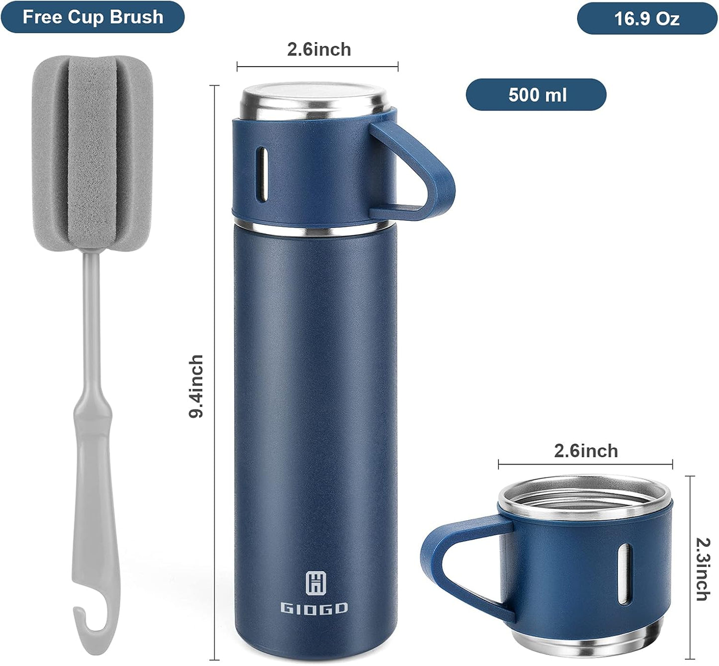Stainless Steel Thermo 500ml/16.9oz Vacuum Insulated Bottle with Cup for Coffee Hot drink and Cold drink water flask.(Blue,Single)