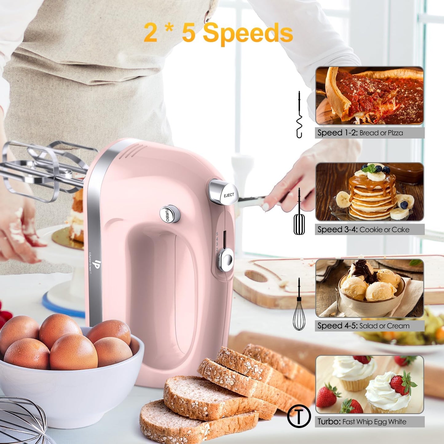 Hand Mixer Electric, 400W Food Mixer 5 Speeds Handheld Blender, 5 Stainless Steel Accessories, Storage Box, Kitchen Blender with Cord for Cream, Cookies, Dishwasher Safe, Pink