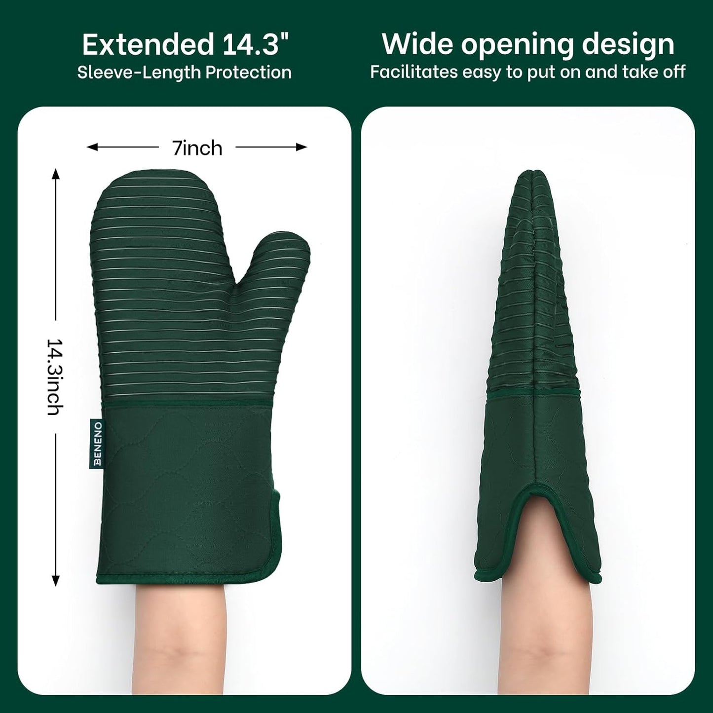 Beneno Kitchen Oven Mitts 2-Pack Heat Resistant to 500°F with Non-Slip Silicone Grip, Extra Long 14.3" Forearm Protection, Soft Quilted Cotton Terry Lining, Ideal for Cooking, Baking, Grilling, Green