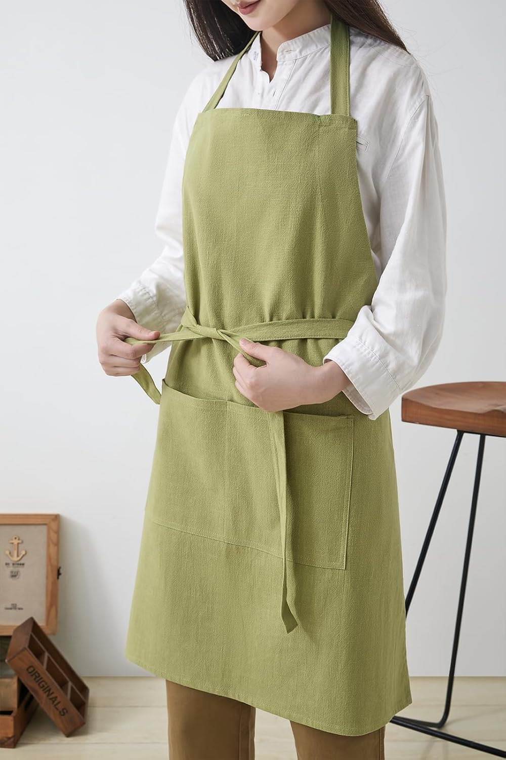 Cotton Linen Apron for Women - Adjustable Casual Apron with Pocktes, Great for Florist, Coffee House and Kitchen
