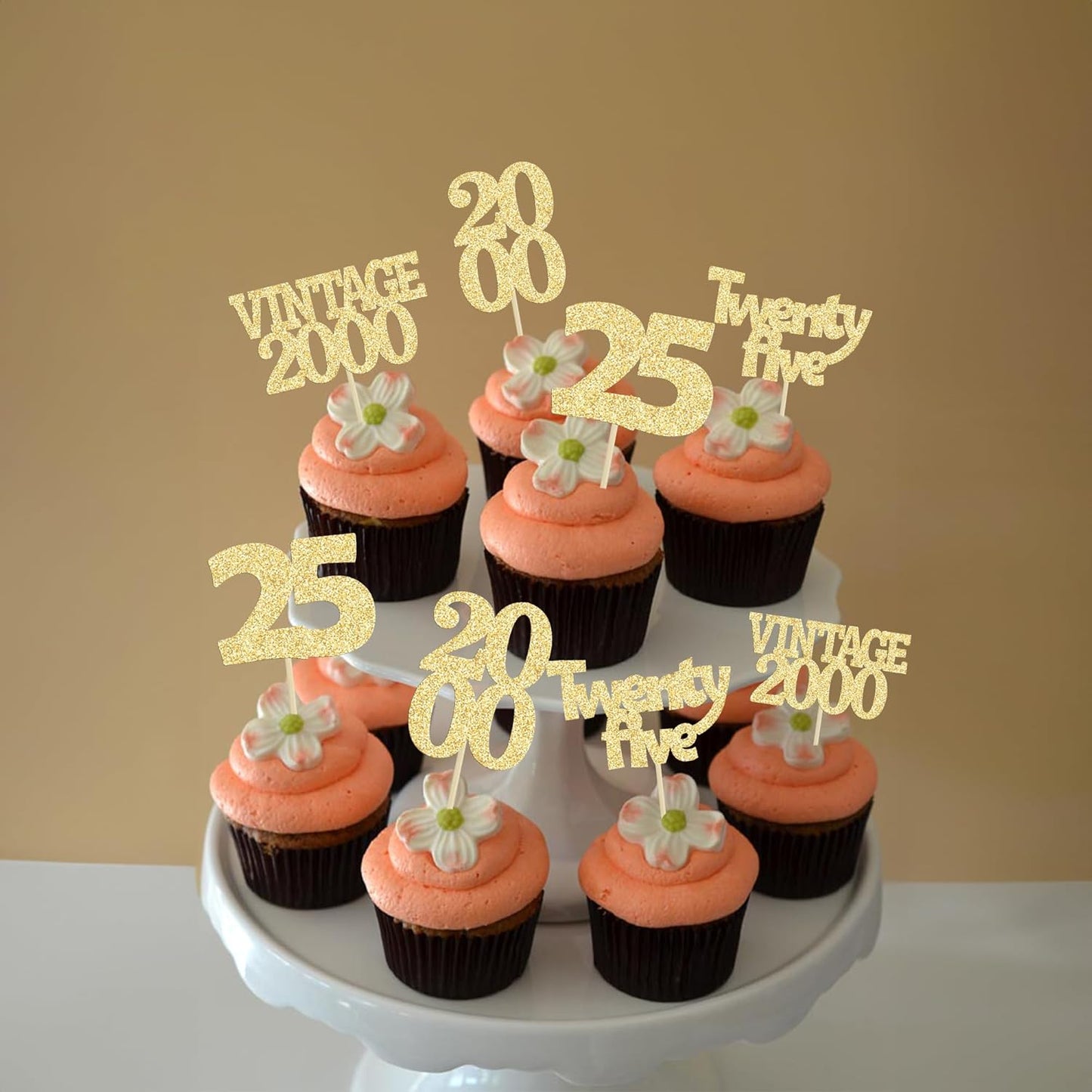 Gyufise 24Pcs Cheers to 25 Cupcake Toppers Glitter Twenty-five Vintage 2000 25th Birthday Cupcake Picks Hello 25 Years Birthday Cake Decorations for Happy 25th Anniversary Party Supplies Gold