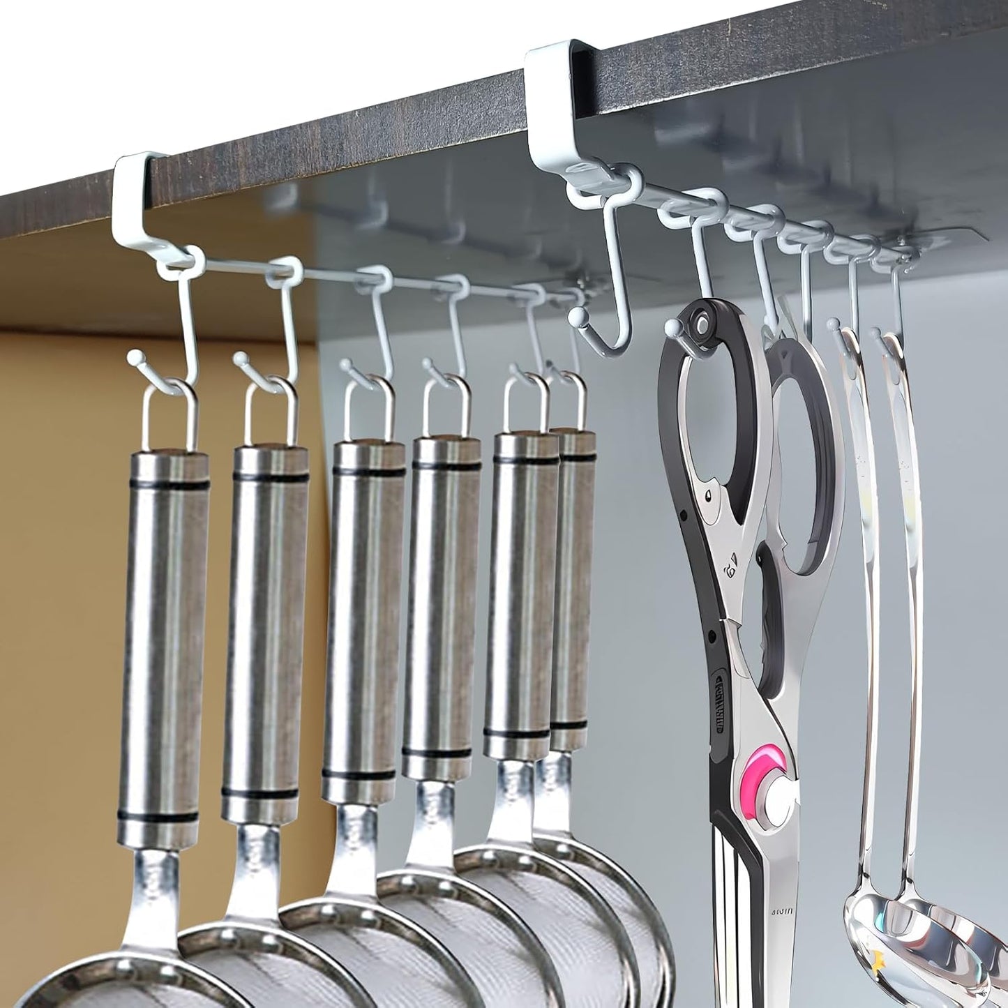 Adjustable Under Cabinet Coffee Mug Holder - Space-Saving Solution for Your Kitchen-Standard Cabinet Water Cup Organizer-2 Sets （12 Mobile Hooks-White）