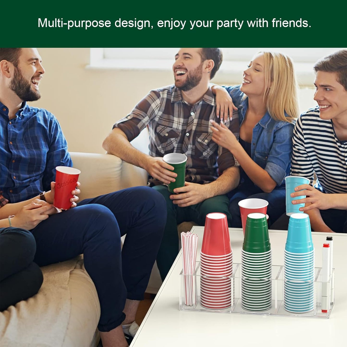 Triple Cup Holder With Marker Slot, Party Dispenser Acrylic Organizer, Mark Your Drink Caddy, Modern Bar Counter Decor, Clear