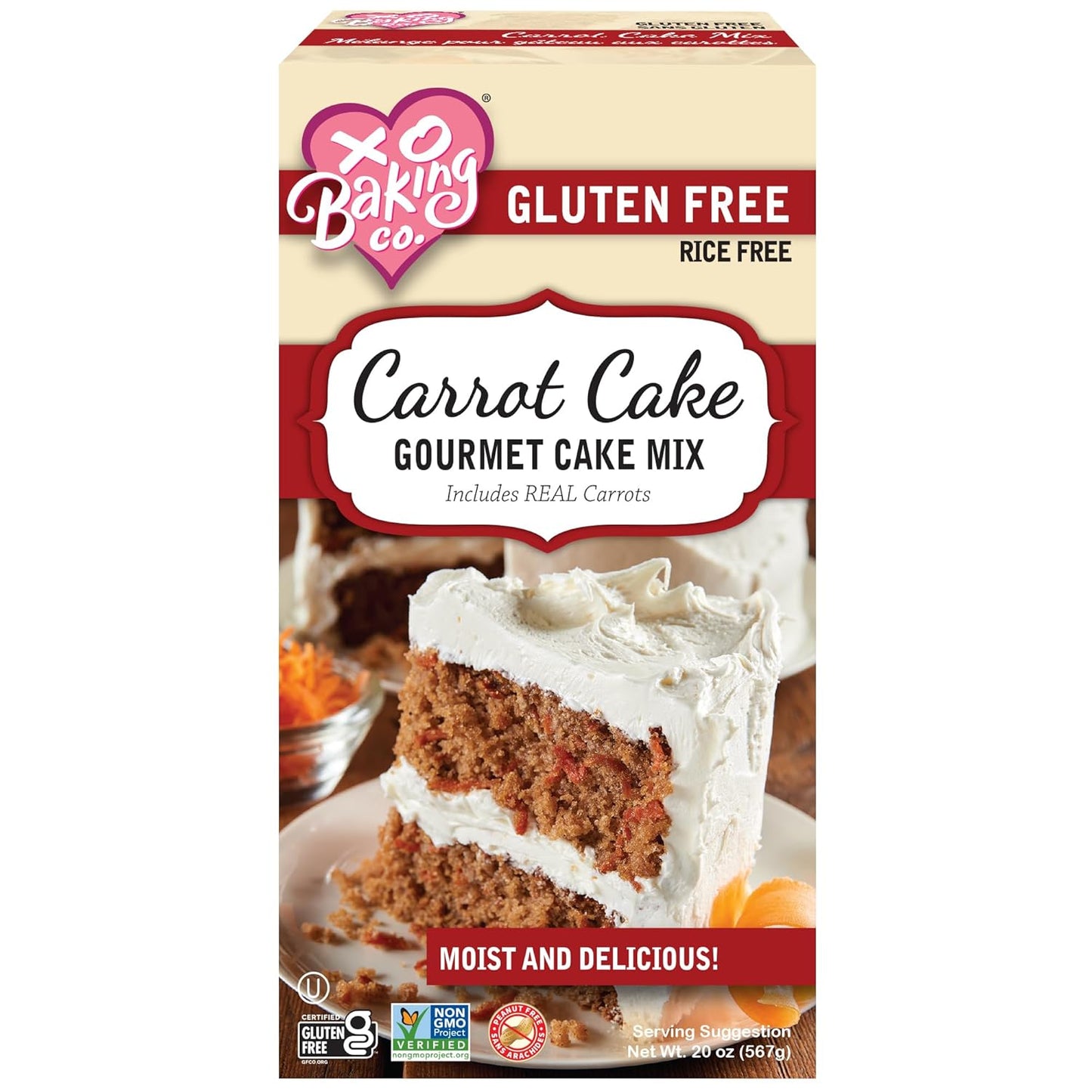XO Baking Co. Gluten Free Carrot Cake Gourmet Cake Mix; Contains Real Carrots; Non-GMO; Kosher; Rice Free; Soy Free; Dairy Free; Peanut Free; No Preservatives; No Artificial Flavors or Colors, 20oz