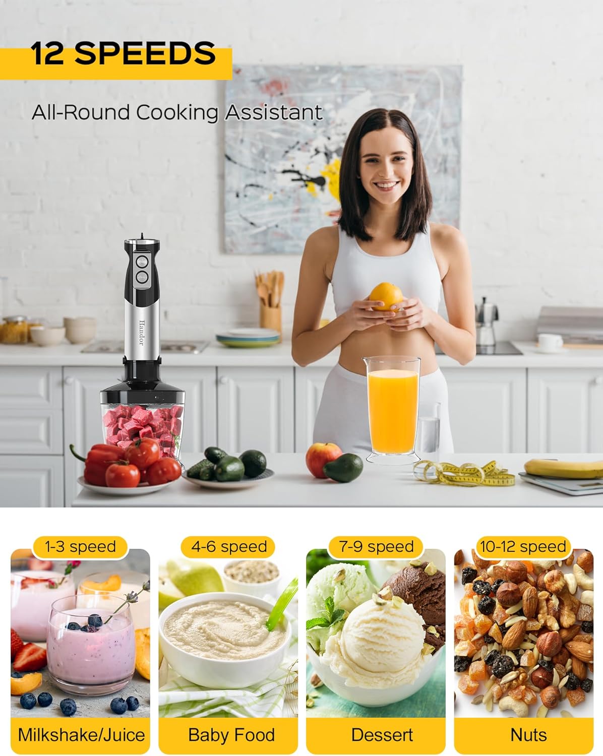 Handor 6-in-1 Hand Immersion Blender, 1000W 12 Speed Handheld Blender with 600ml Beaker, 500ml Chopper, Egg Whisk, Milk Frother, Stainless Steel Blades for Soup, Smoothie, Puree