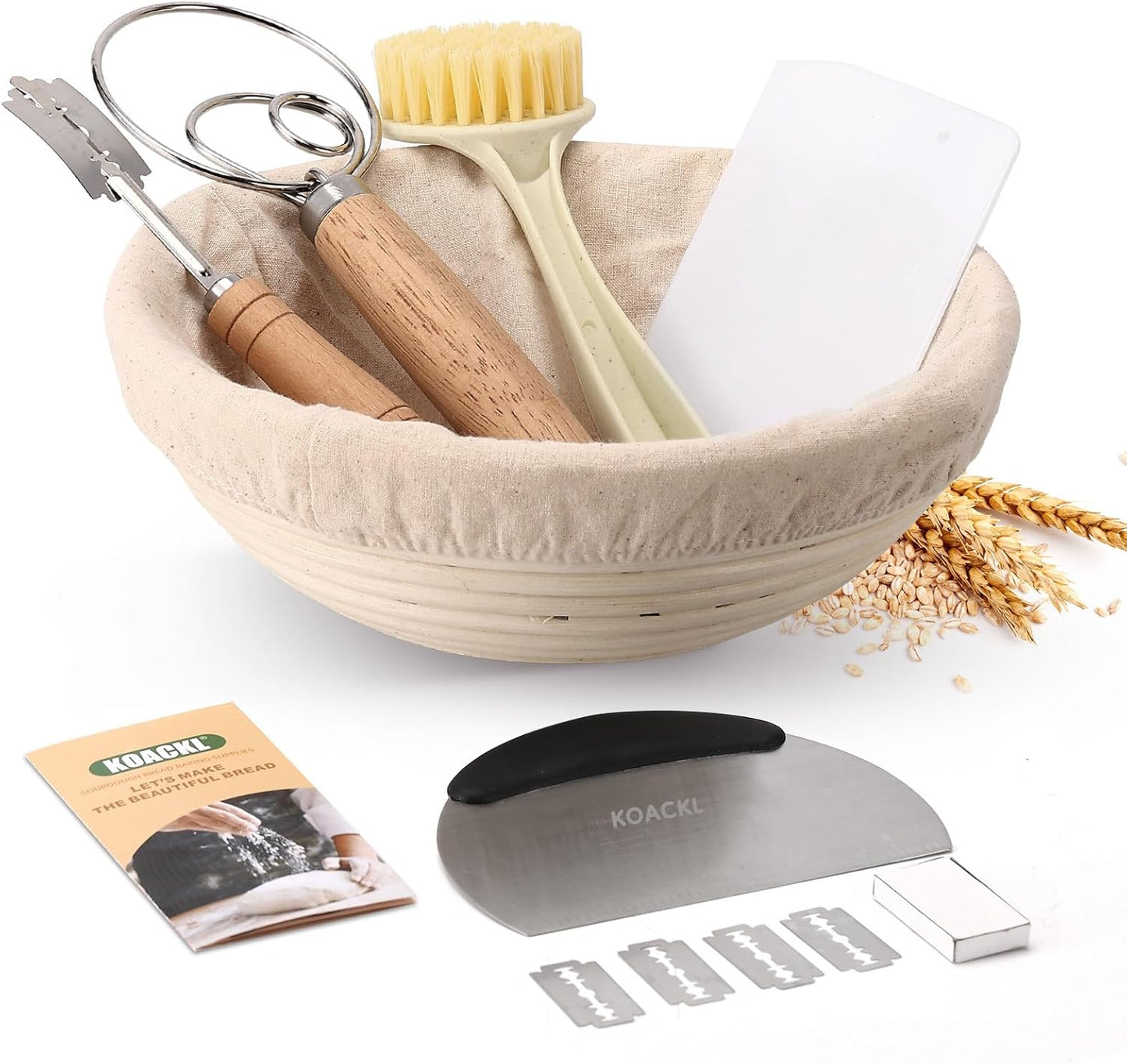 Sourdough Bread Baking Supplies, Sourdough Starter Kit, 9 Inch Round Banneton Basket with Cloth Liners, Dough Scrapers, Dough Whisk, Dough Cutter, Bread Lame for Making Baking Fermentation